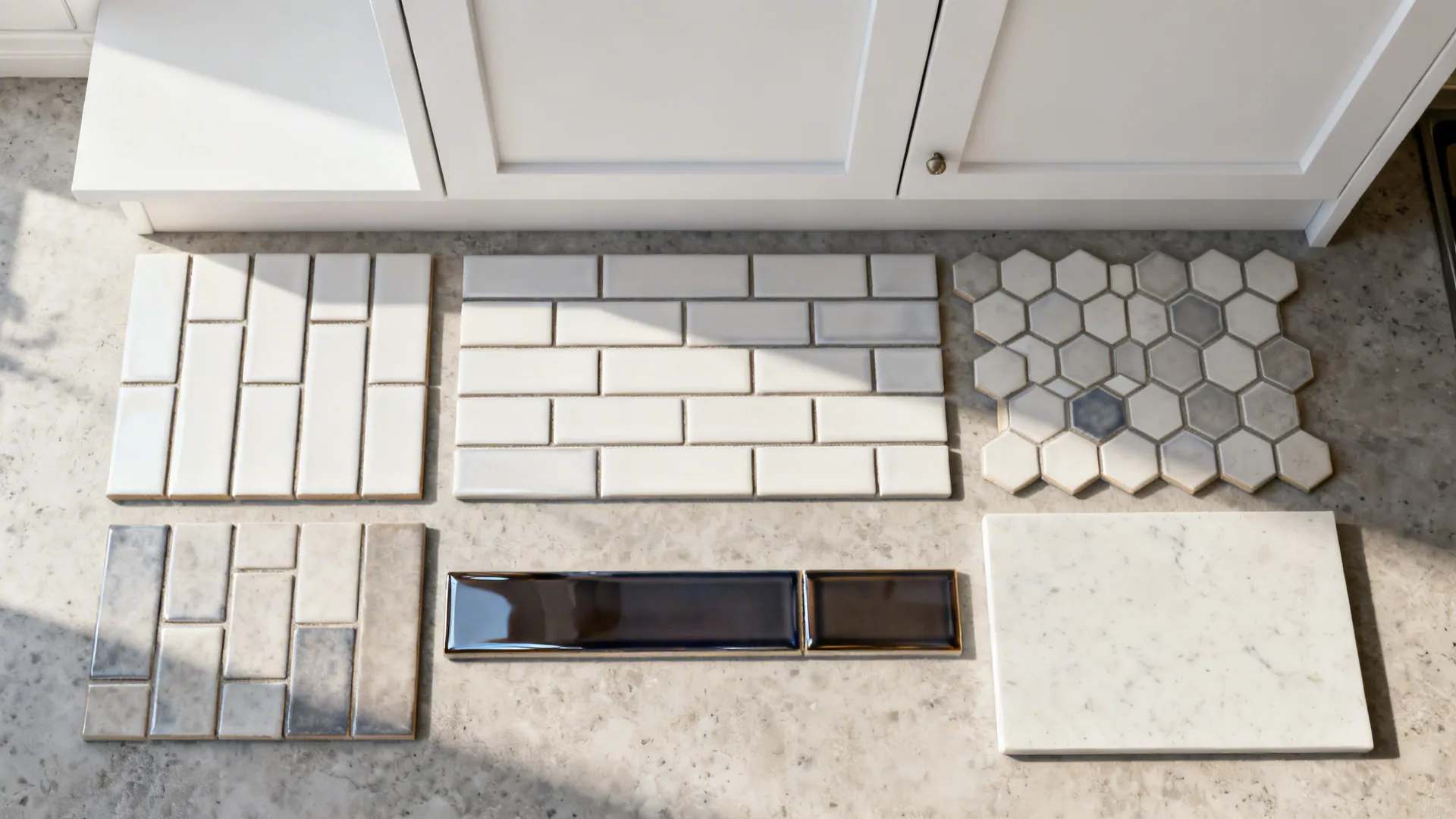 Top-down mockup of multiple backsplash layout options for a small kitchen next to a white cabinet outline.