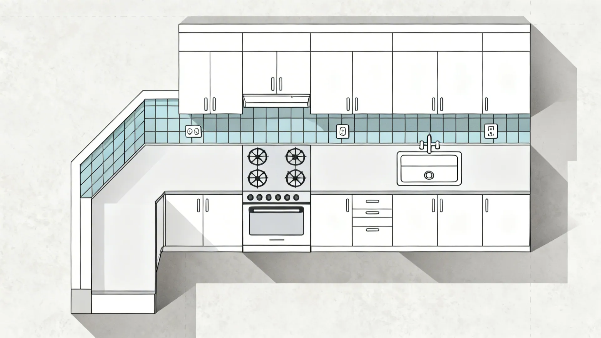 Top-down L-shaped kitchen plan highlighting tile backsplash zones and sightlines.
