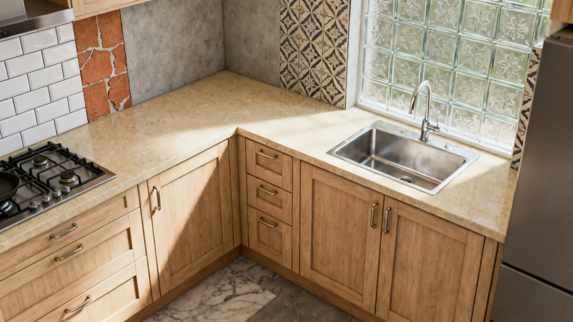 Top-down compact kitchen plan highlighting different backsplash zones by materials.