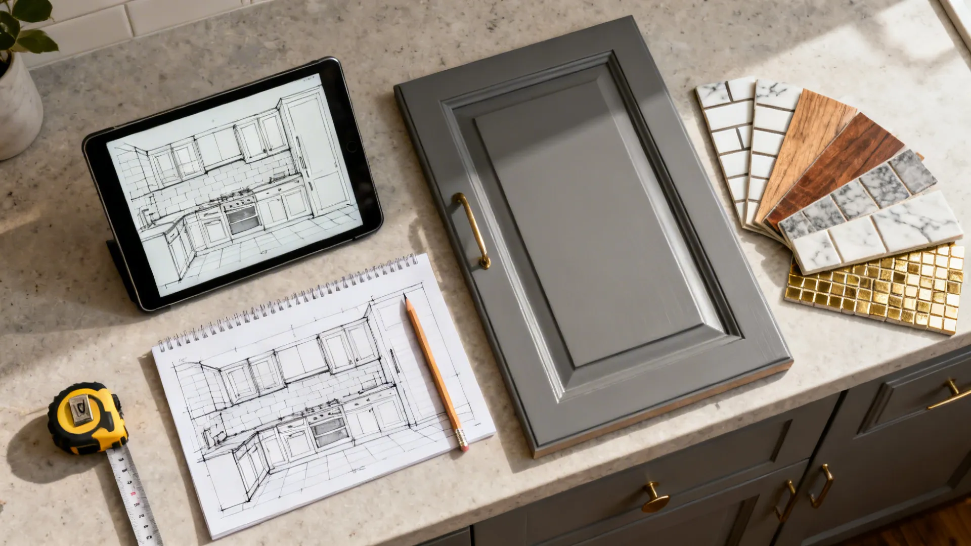 Top-down mockup showing cabinet door sample, tile swatches and a tablet with kitchen planner on a countertop.