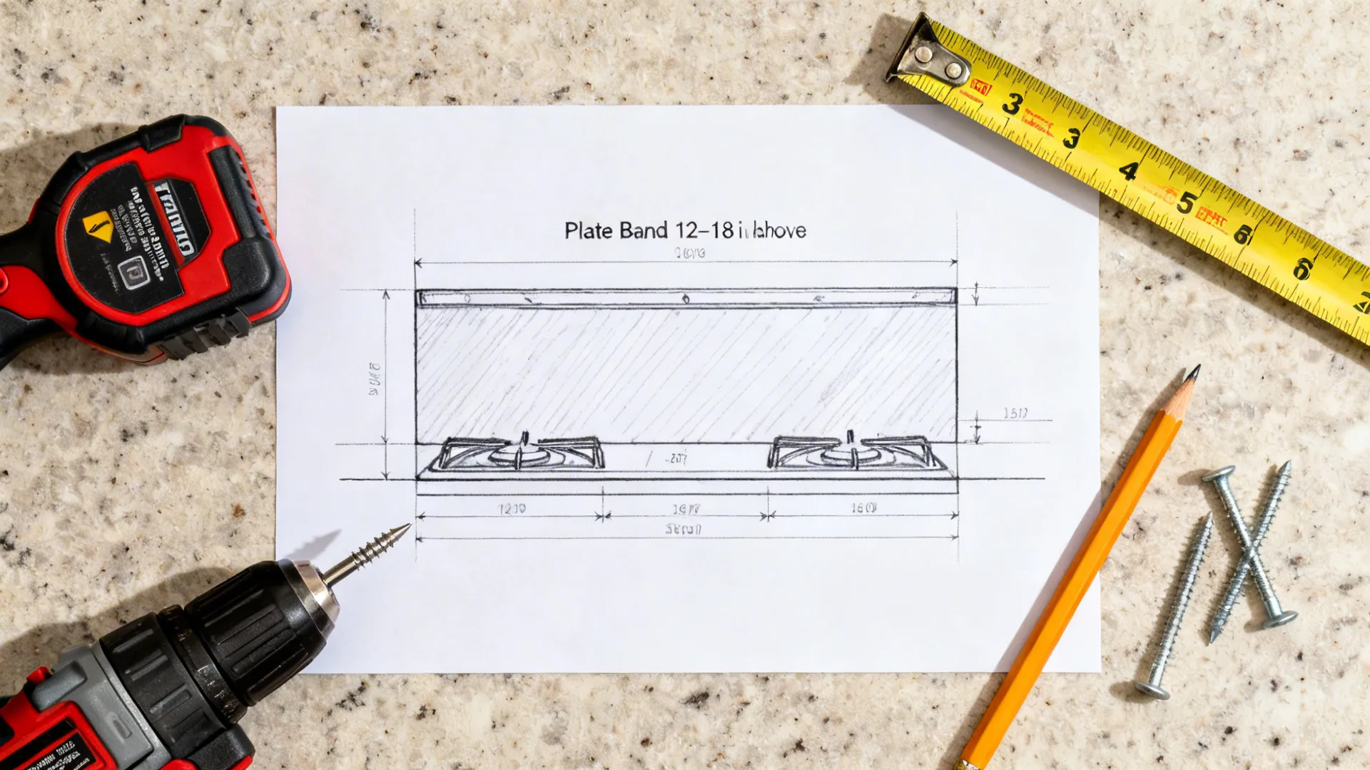 Top-down tools and elevation sketch showing safe clearances for a backsplash plate band.