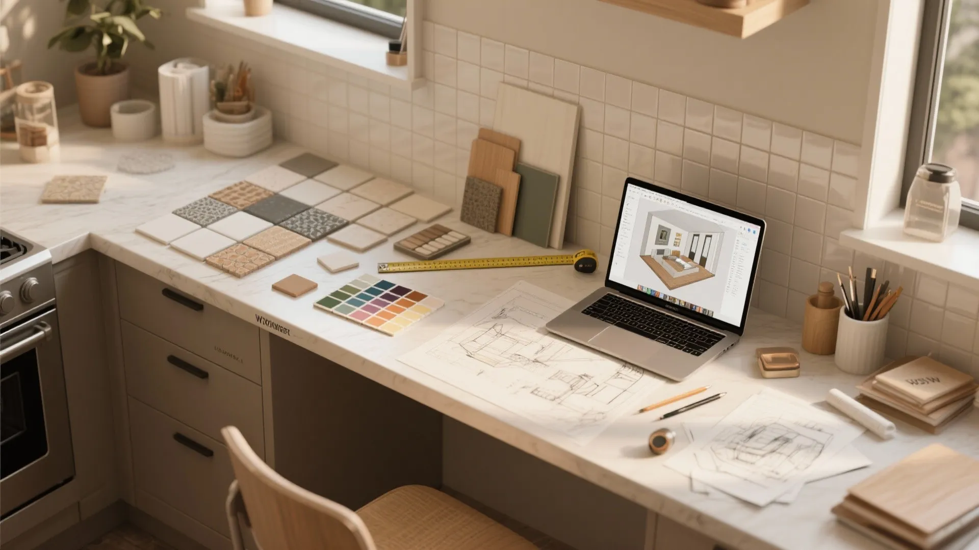 Interior design drawing on laptop screen with color palettes and tile samples on office desk