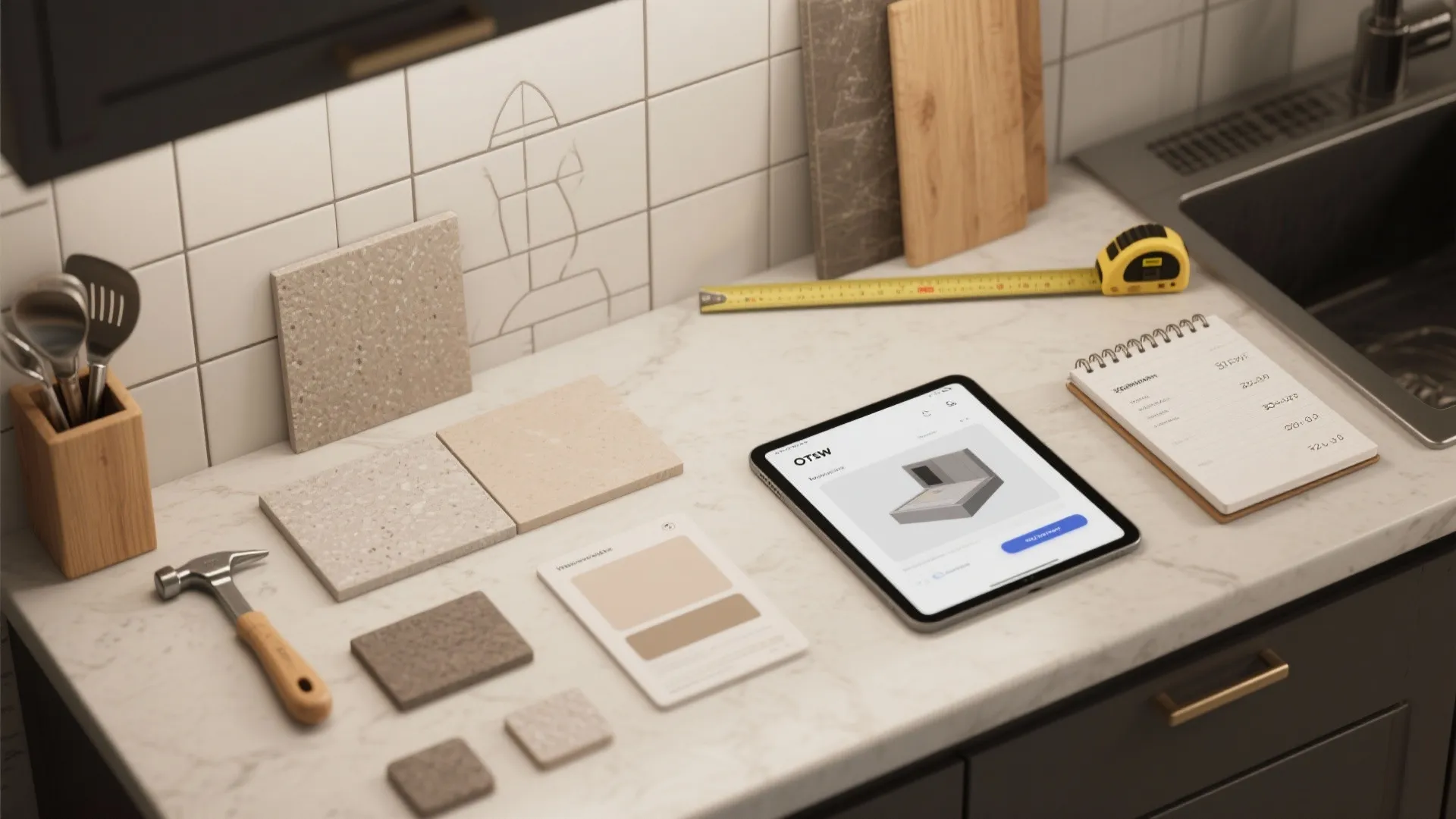 Top-down flatlay of tile samples, grout swatches and a tablet showing a 3D mockup for a small backsplash project.