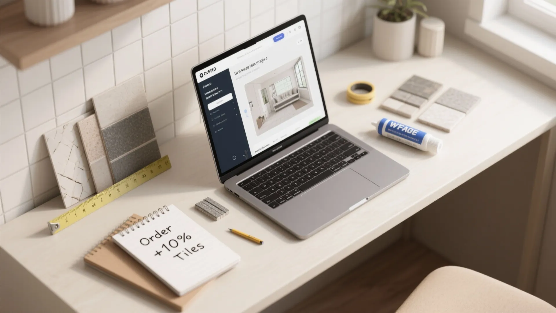 Laptop showing room design next to tile samples and notebook with order extra tiles note