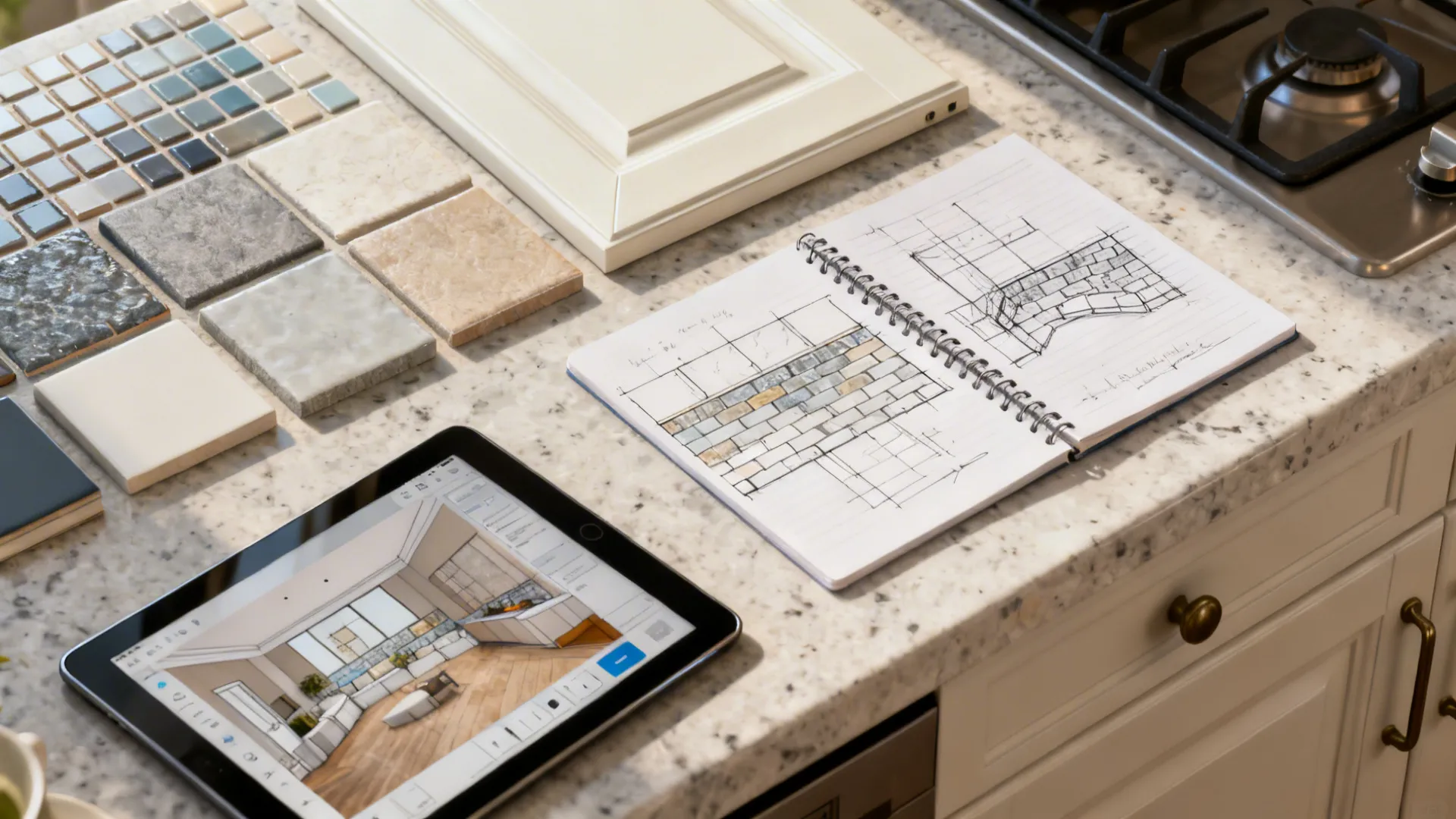 Top-down view of tile samples, grout swatches, cabinet sample and a tablet with a room planner mockup