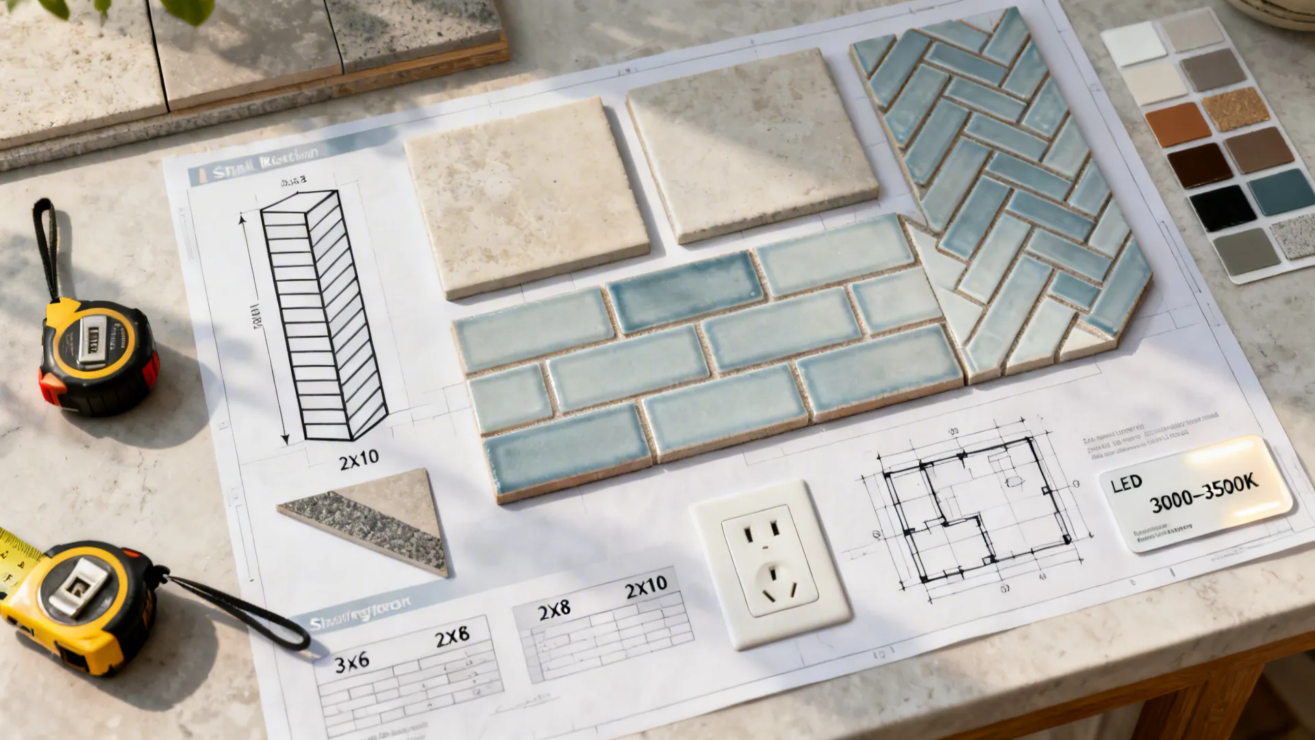 Top-down layout with tile sizes, pattern samples, grout swatches, and planning tools for a small backsplash.
