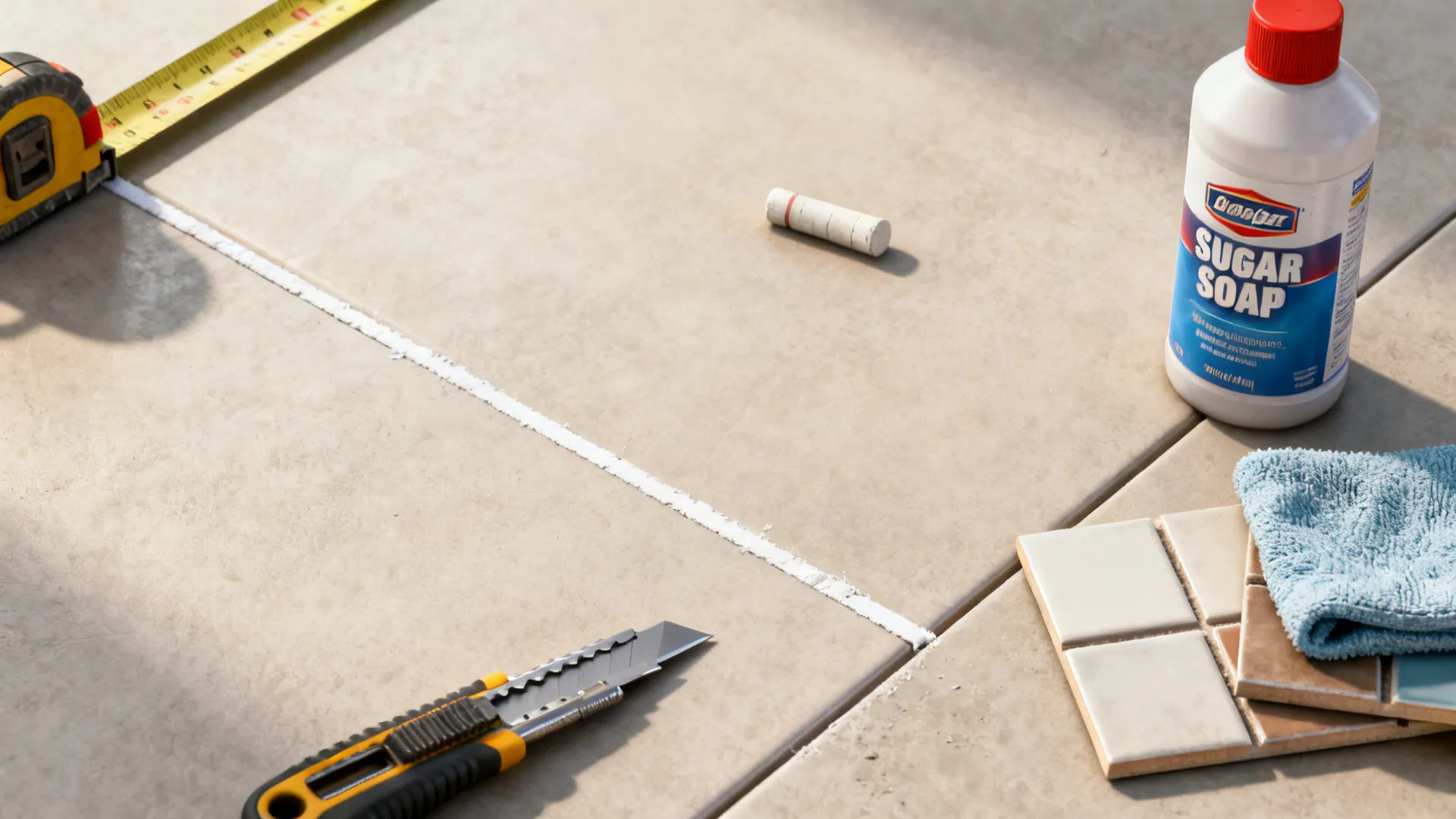 Top-down layout of tools and peel-and-stick tile sheets with chalk line and degreaser for backsplash prep.