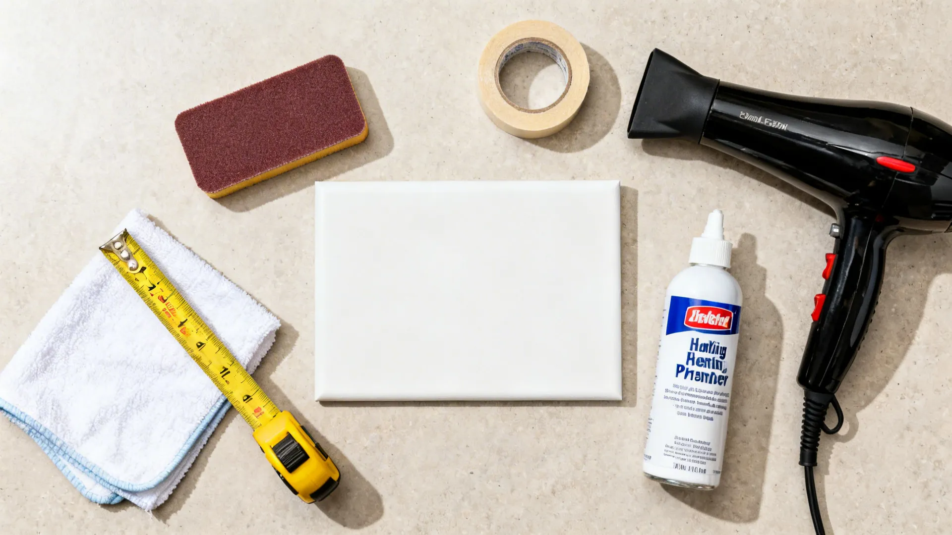 Top-down kit for backsplash prep with primer, sand block, cleaner, and tools.