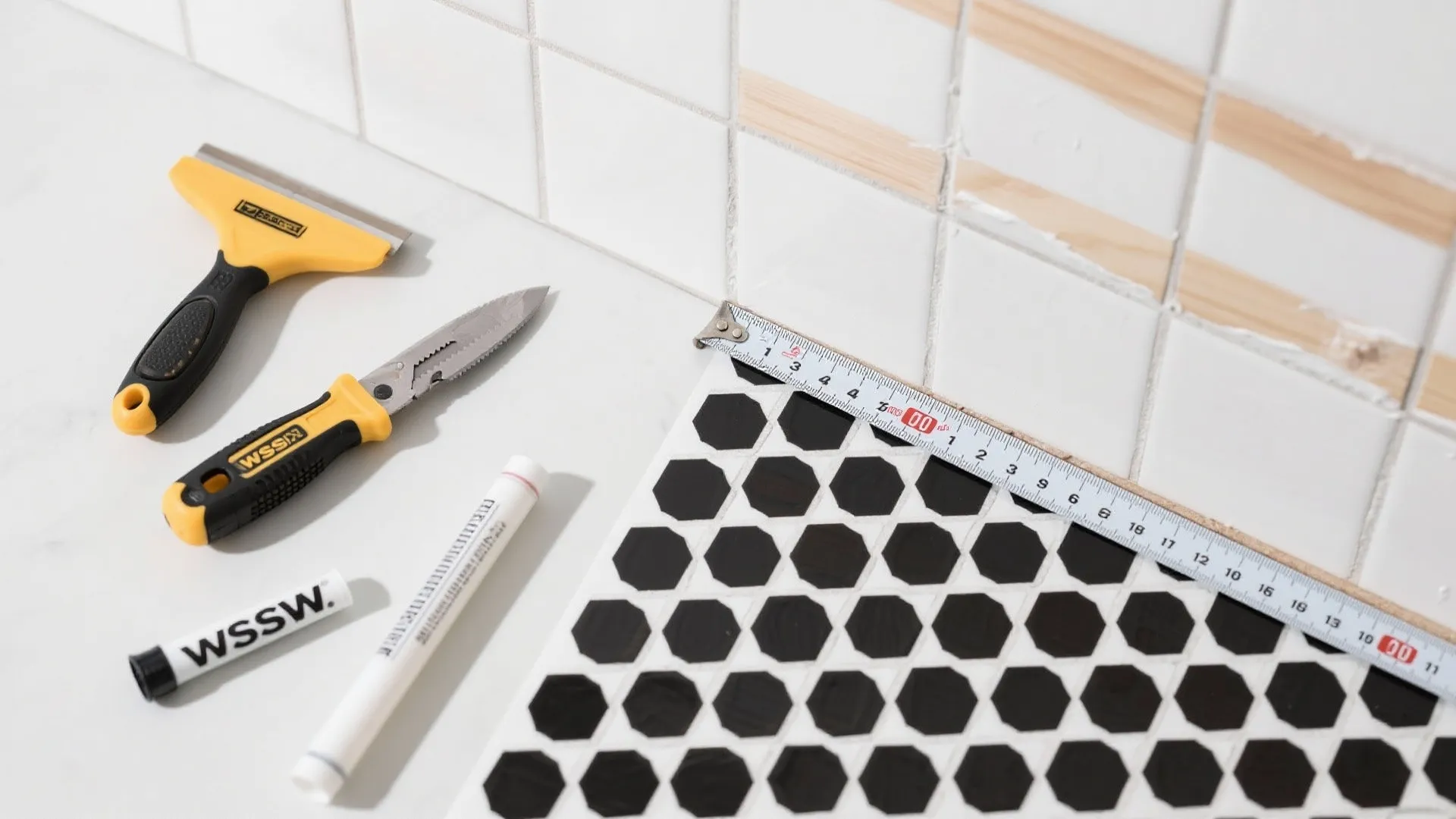 Tiling tools including measuring tape knife and marker pen for a kitchen wall backsplash project