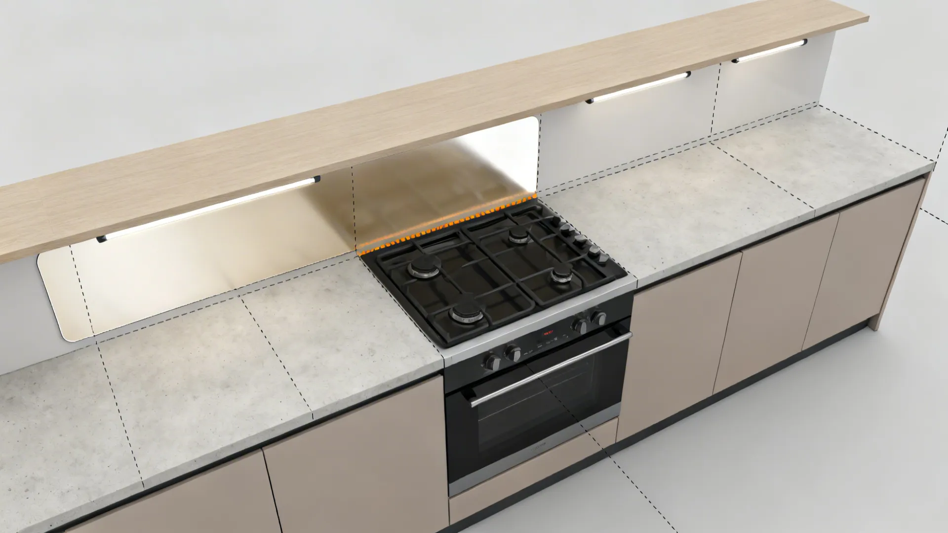 Top-down layout showing glossy laminate backsplash area with LED strips and cooktop clearance.