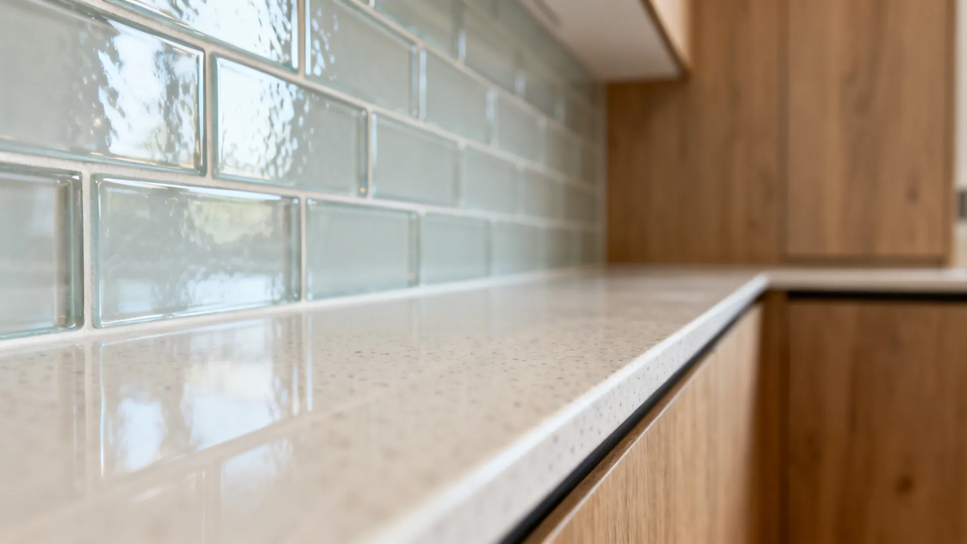 Macro detail of reflective backsplash meeting pale quartz countertop with soft daylight.