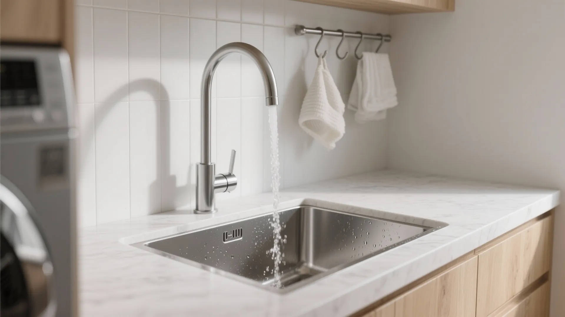 Modern kitchen sink with water flowing from a chrome faucet against a white tiled wall