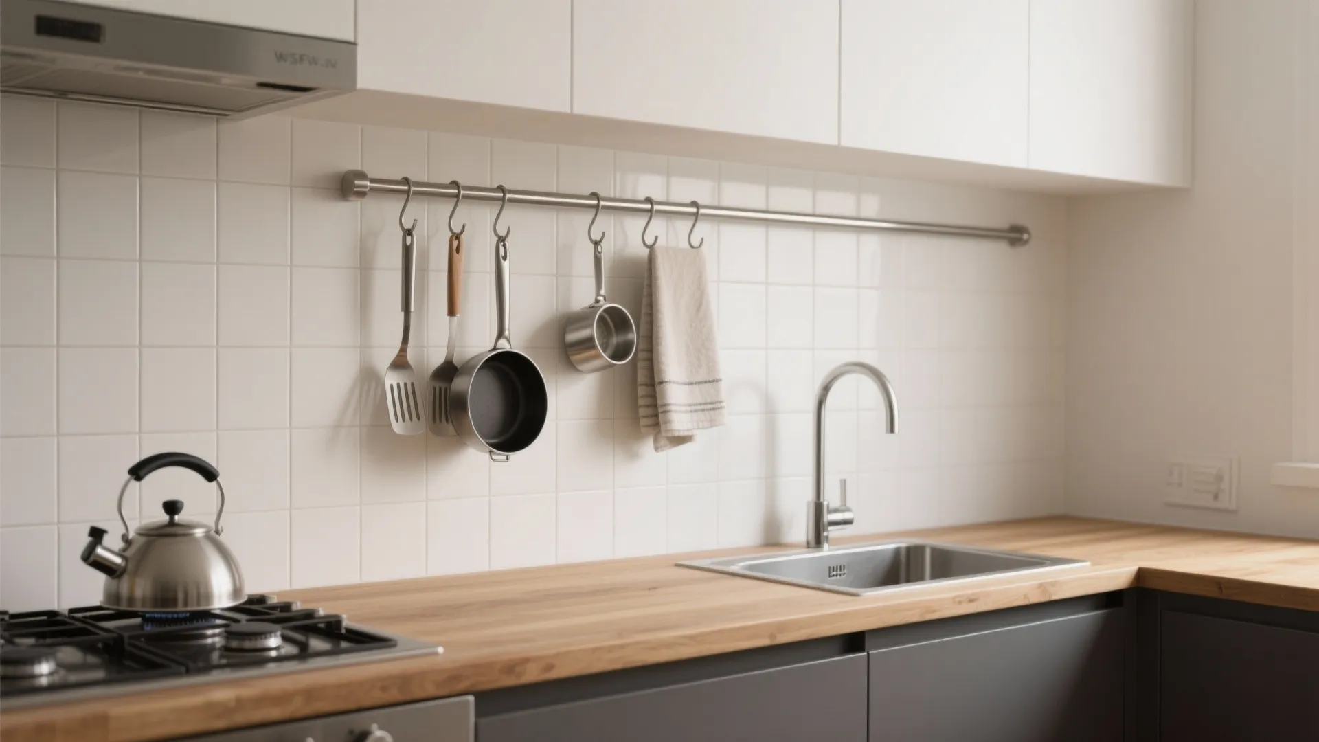 1) Slim Rail + Hooks Over the Backsplash