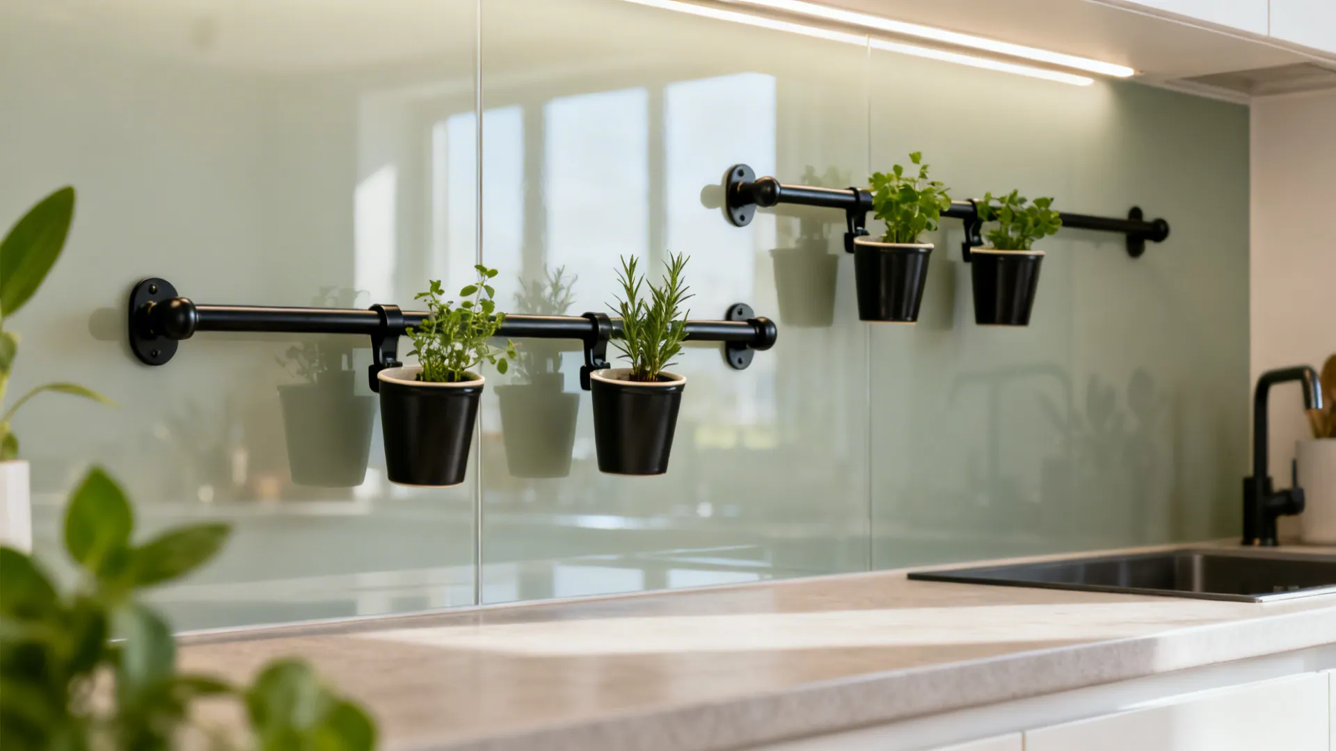 Matte black backsplash rail with clip-on cups holds herbs safely above the counter.