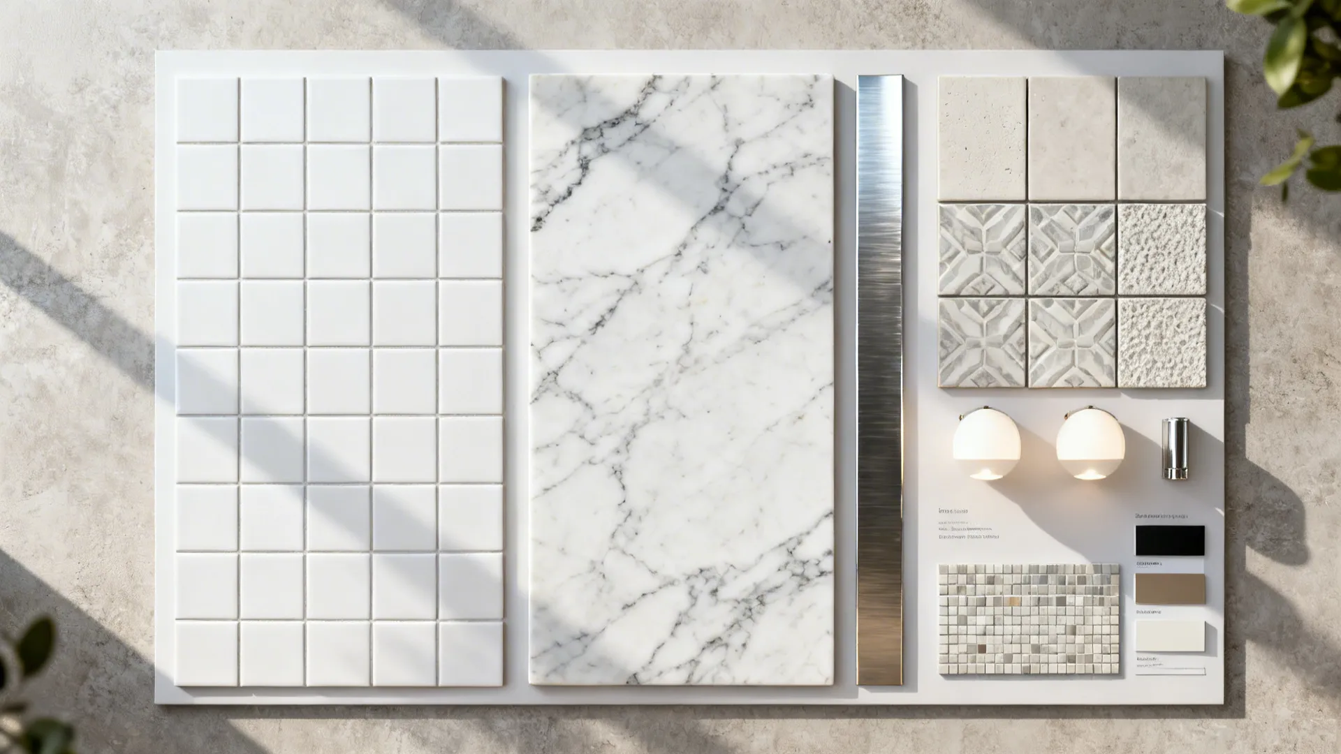 Top-down sample board showing tile, slab, metallic and grout options for choosing a backsplash with dark cabinets.