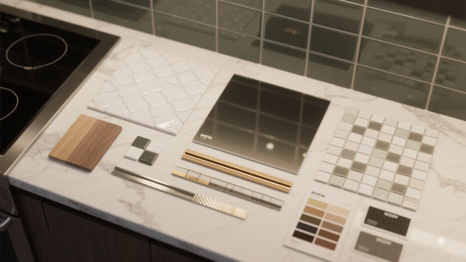 Top-down flatlay of backsplash samples and grout color cards for mockups and planning.