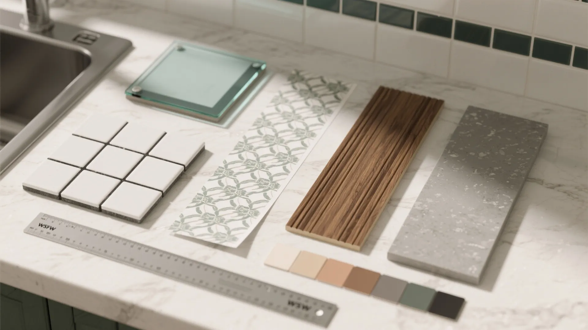 Collection of tile samples and material patterns displayed on white marble countertop with measuring ruler