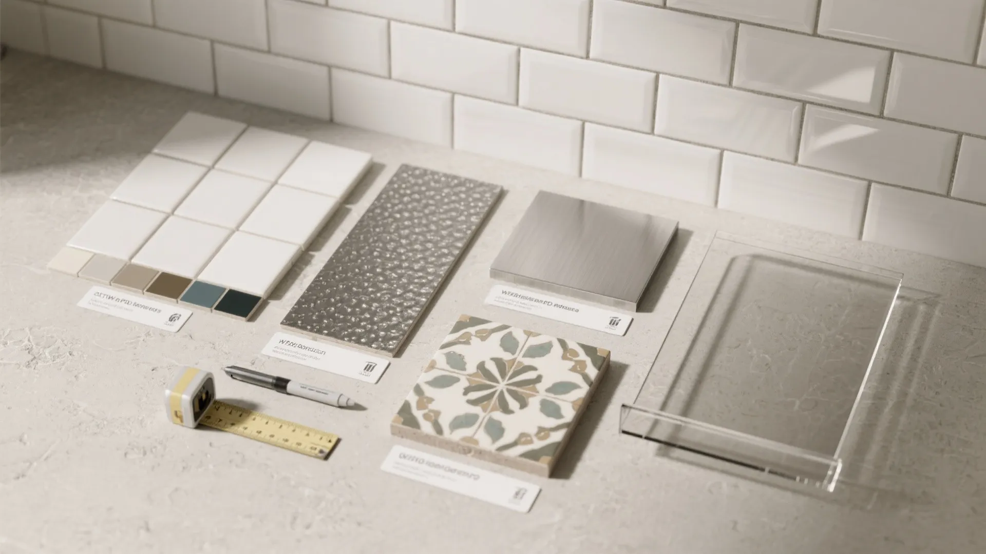 Selection of kitchen wall tiles and metal material samples with measuring tape on a counter
