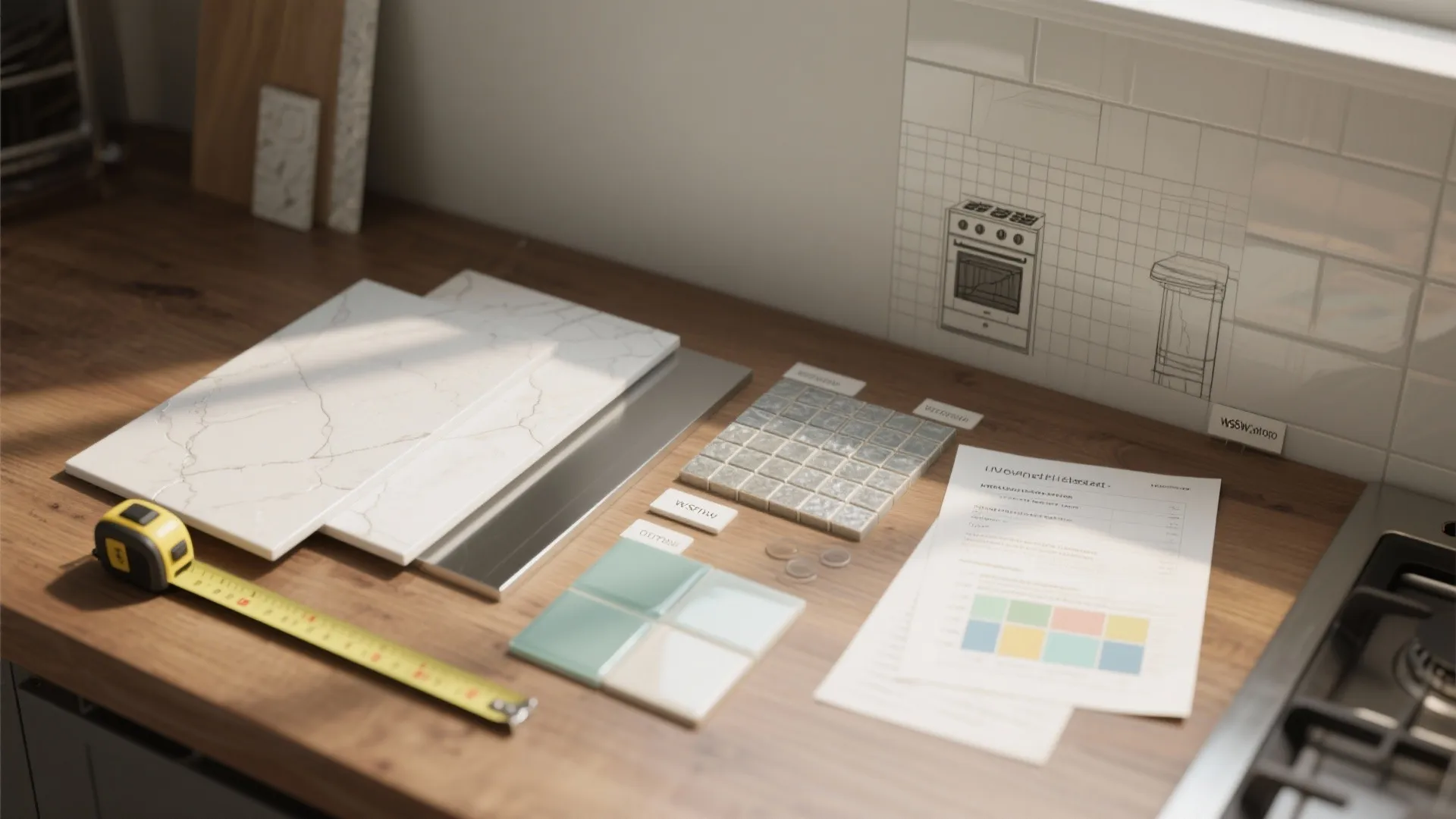 Samples and a small sketch showing porcelain, steel, tile, and glass options with measuring tape for budgeting.