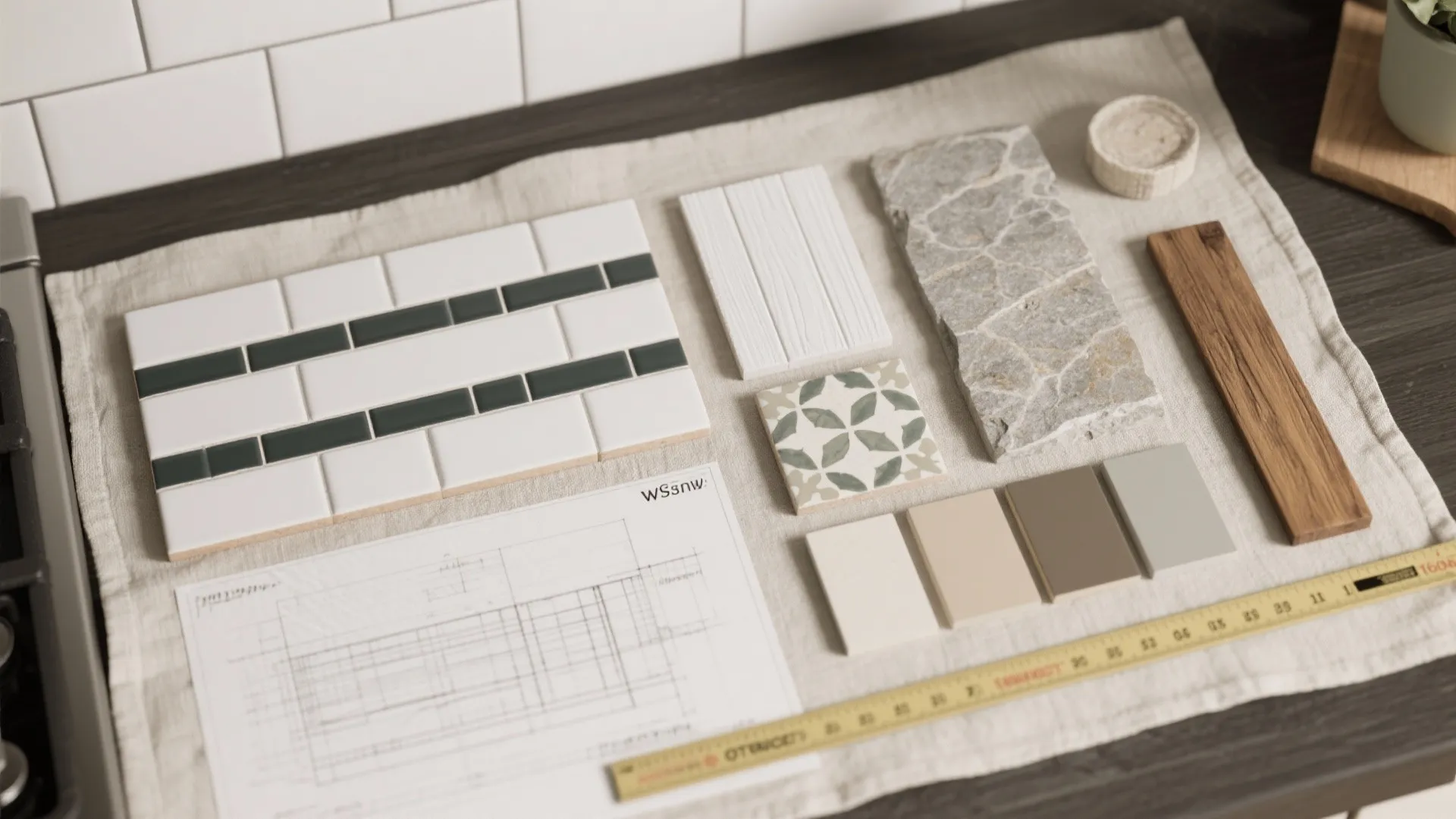 Top-down flatlay of backsplash material samples and grout swatches for farmhouse kitchens.