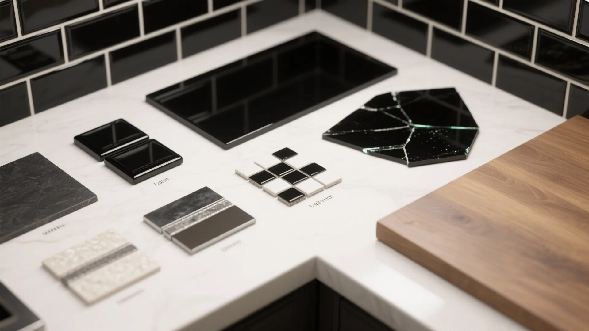 Black and white tile samples displayed on a marble countertop next to a wood board