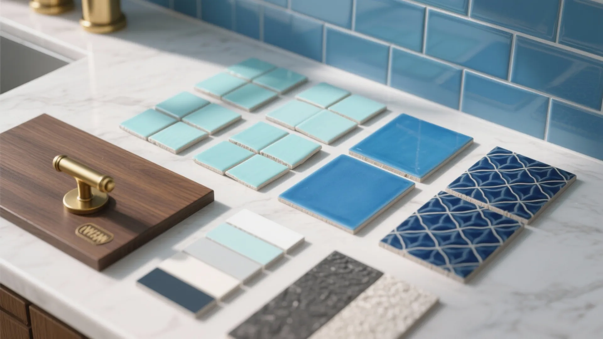 Various blue and white tile samples displayed on a white marble countertop with gold cabinet handle