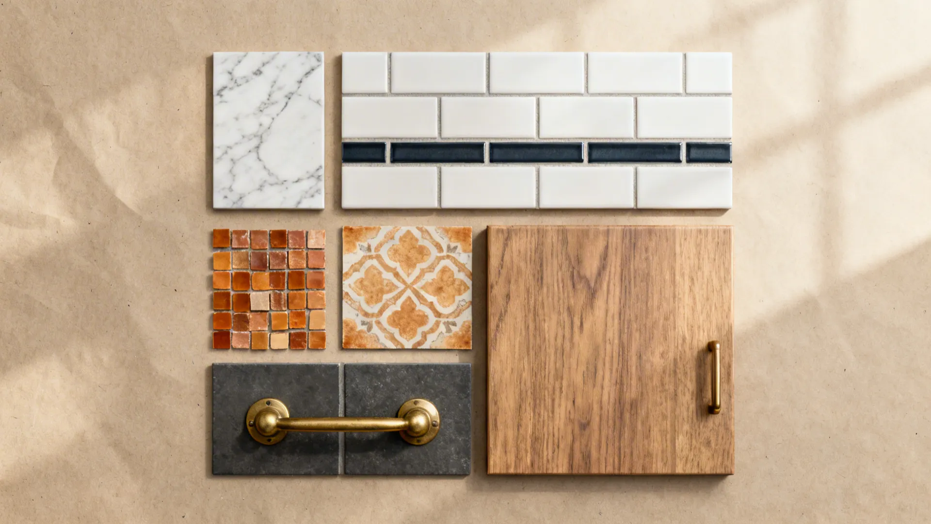 Top-down flatlay of backsplash samples, brass hardware and wood veneer for planning.
