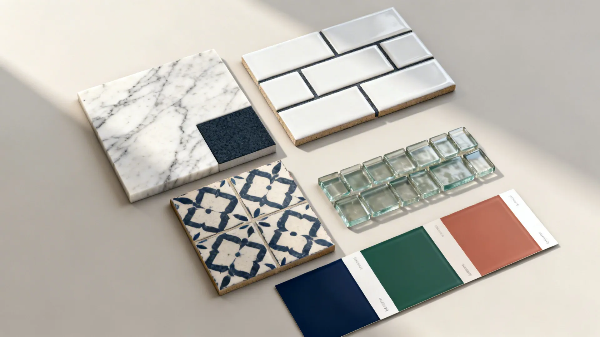 Collection of kitchen wall tile samples including marble subway patterned glass and a paint swatch