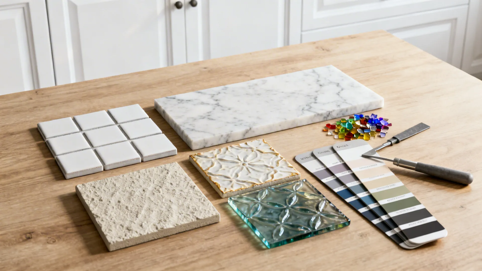 Flatlay of backsplash samples including subway tile, marble slab chip, colored glass, textured tile, and grout swatches.