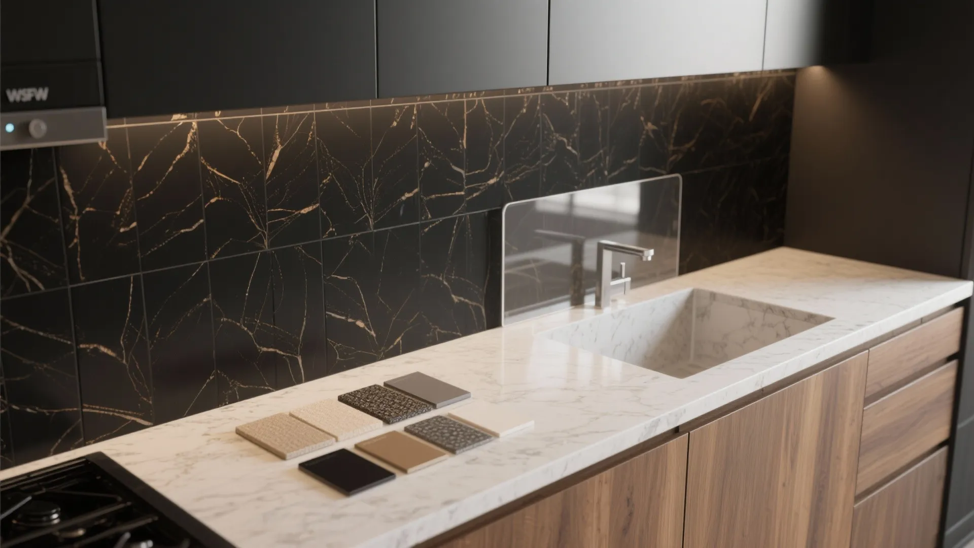 Kitchen white marble countertop with sink and small material samples against black marble wall tiles
