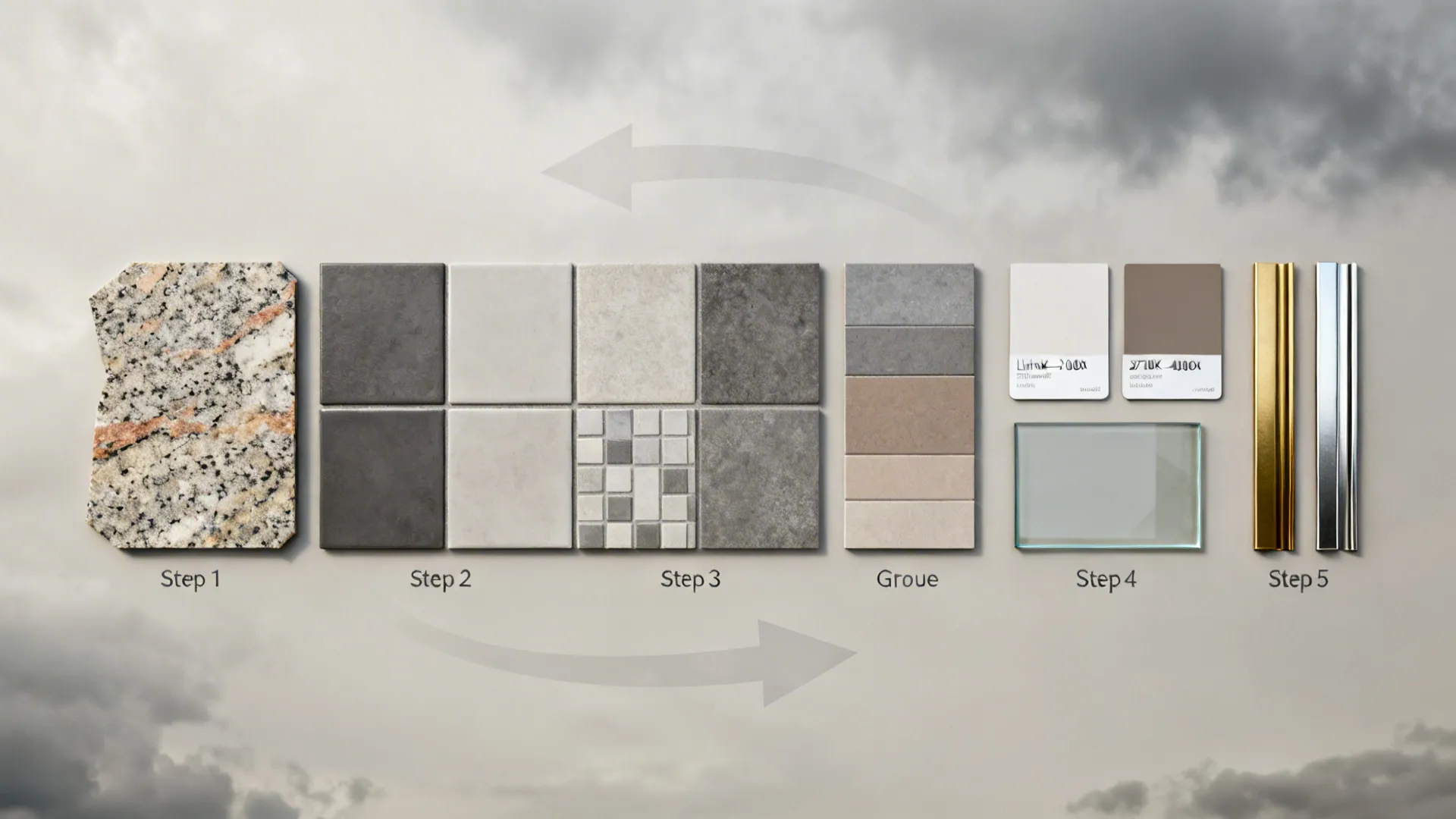 Top-down sequence of granite, tile, grout, lighting, and metal samples for backsplash planning.