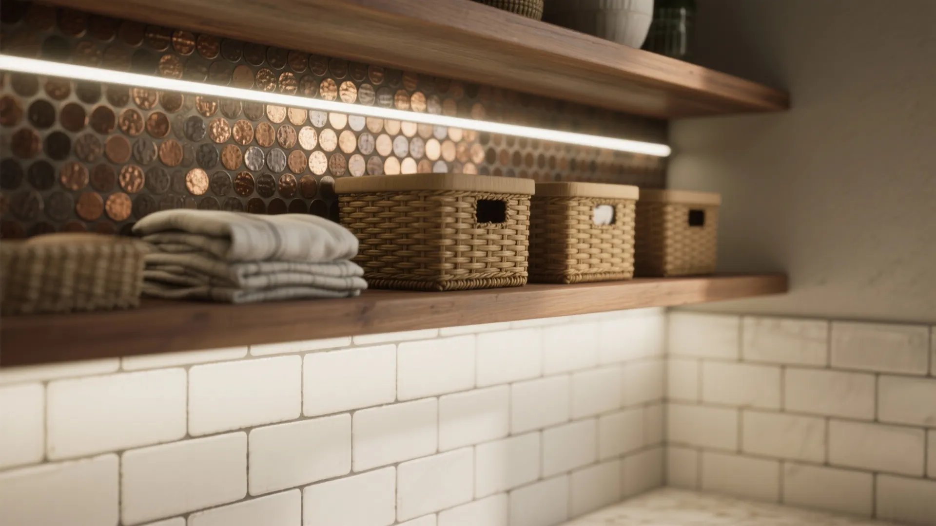 Wooden wall shelves holding woven baskets and folded towels with light strip and penny tiles