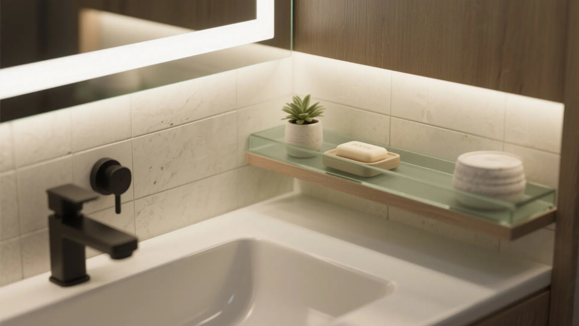 Integrated Backsplash Shelf With Backlit Mirror