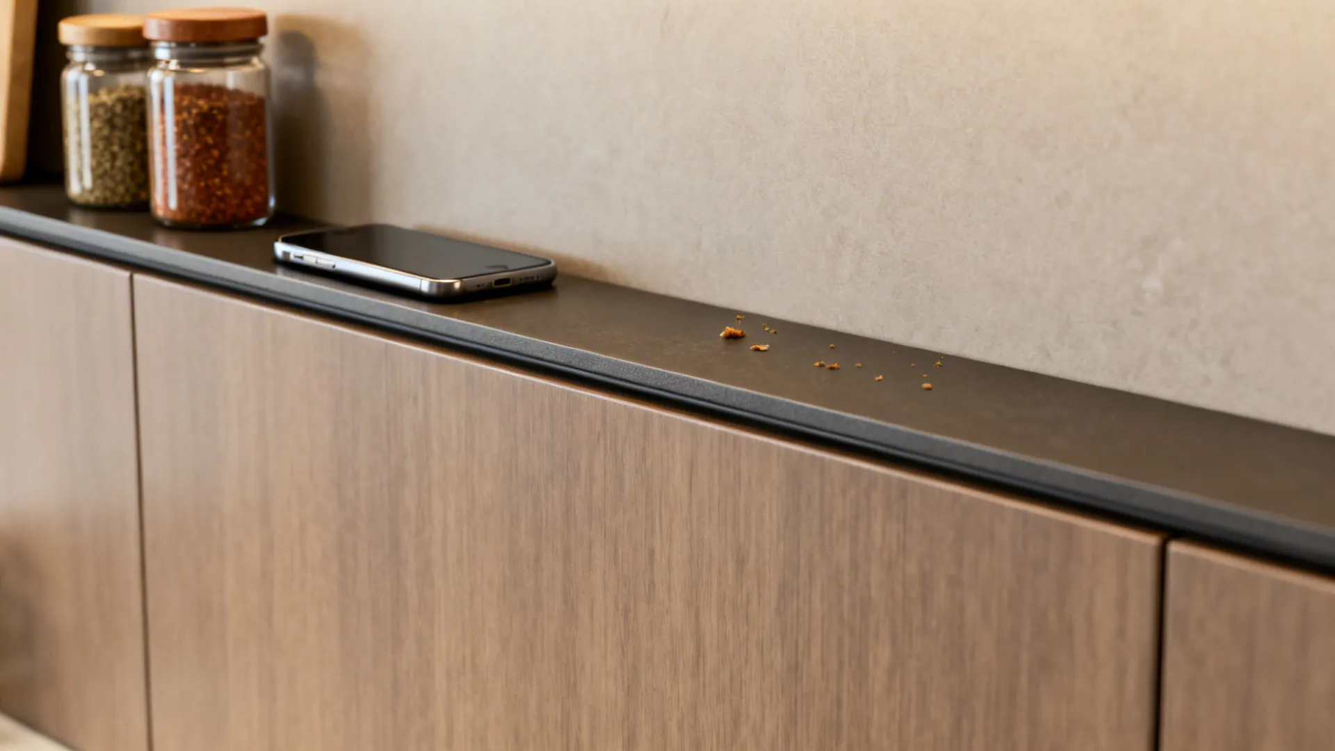 Slim integrated ledge on a backsplash holding spices and a phone in a small kitchen.