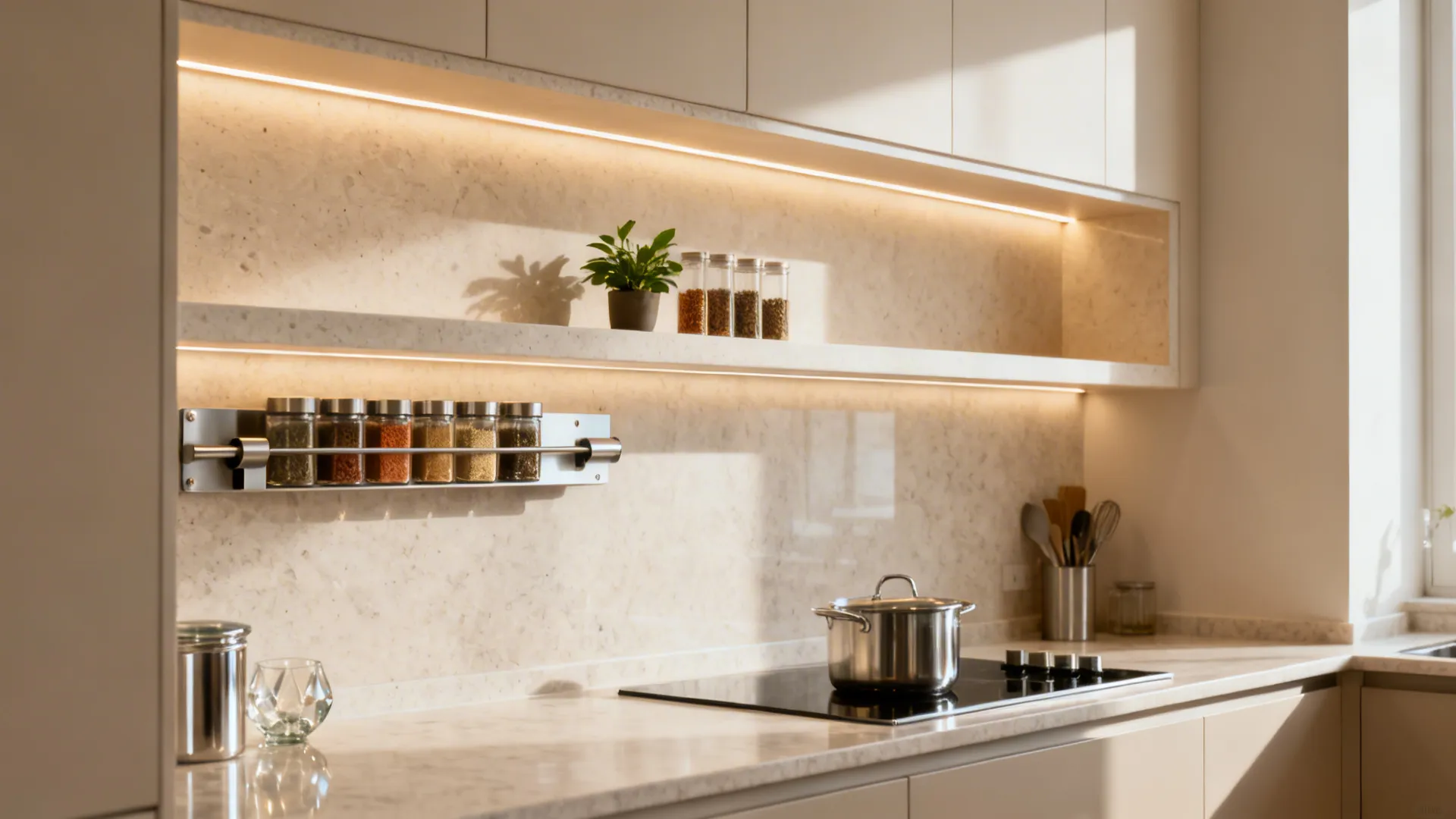 Backsplash with a recessed niche, slim ledge, and stainless magnetic strip holding spice jars under soft LED light.
