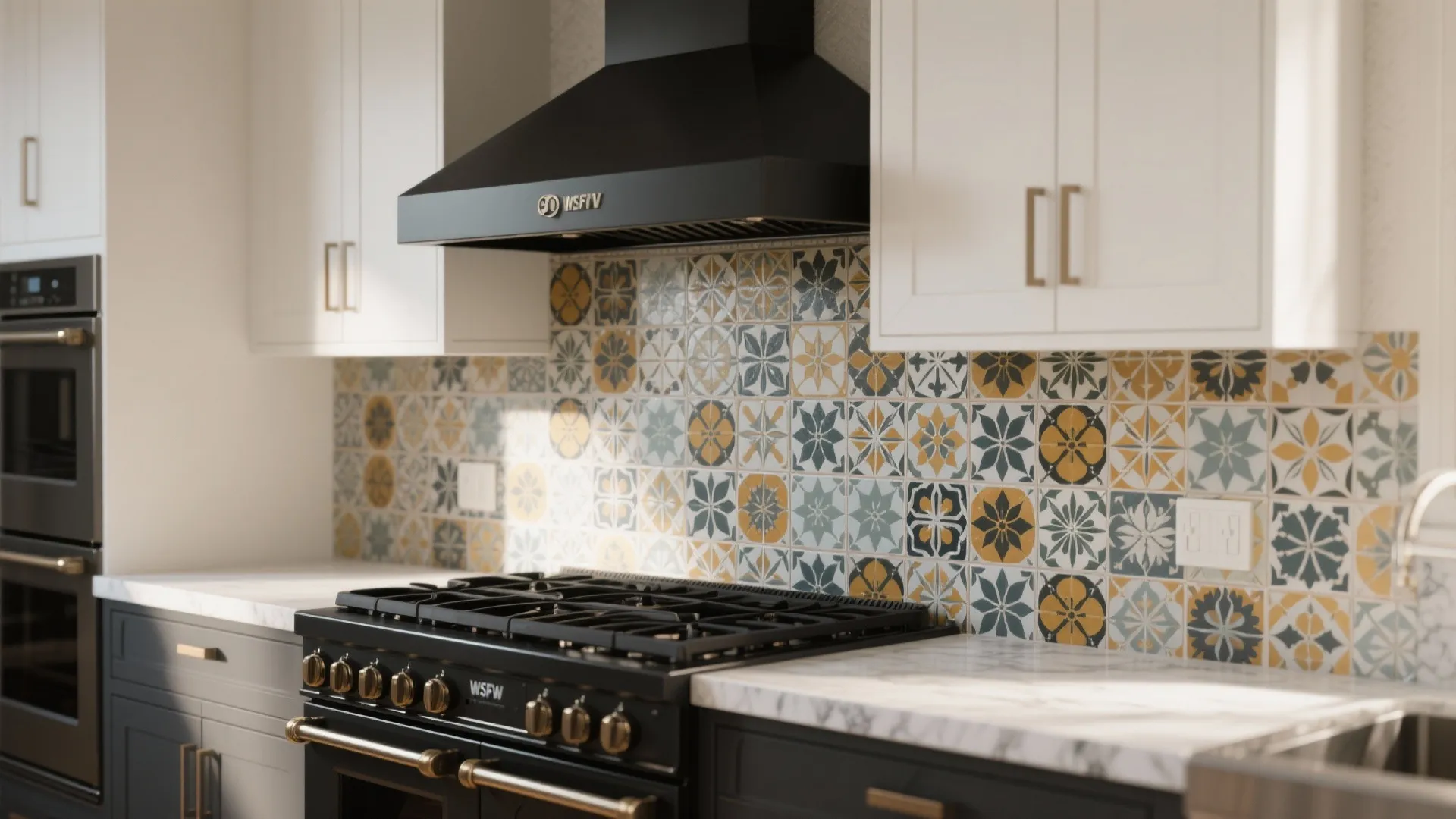 Patterned encaustic tile backsplash balanced with a matte black range.