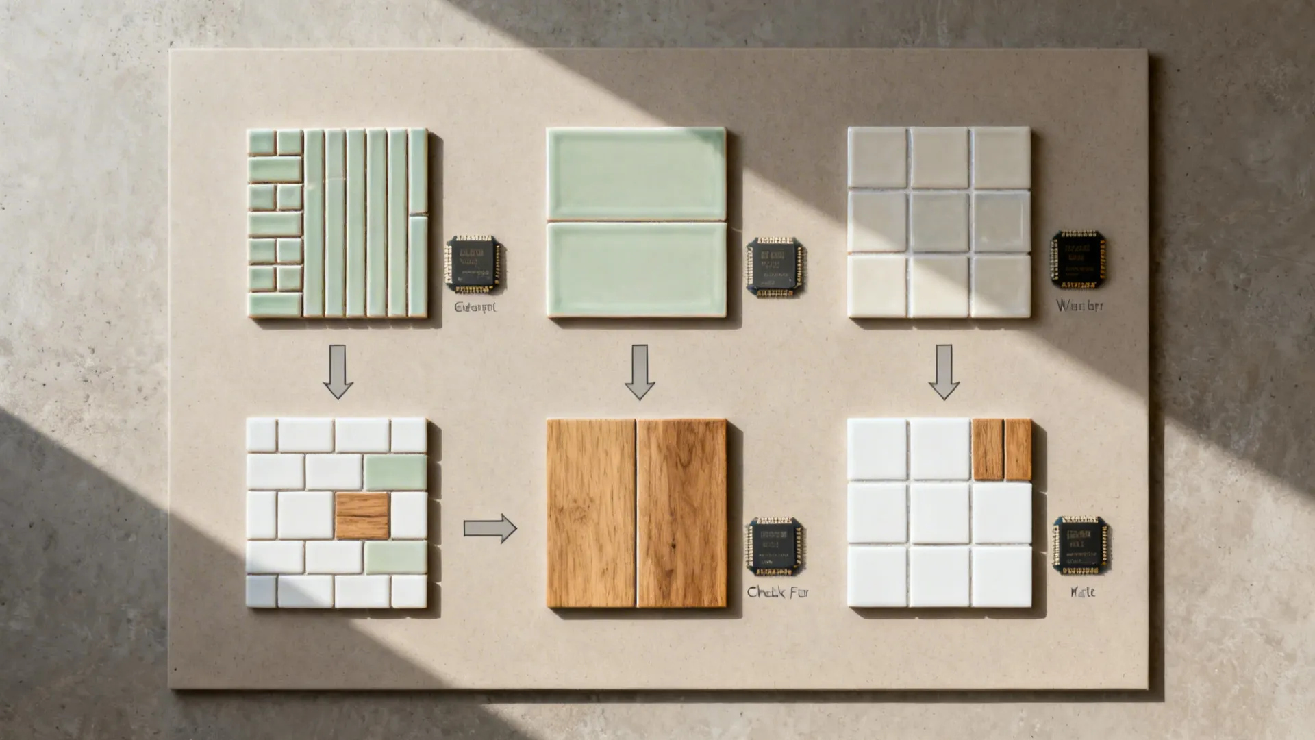 Top-down storyboard showing five ceramic backsplash strategies in tile vignettes.