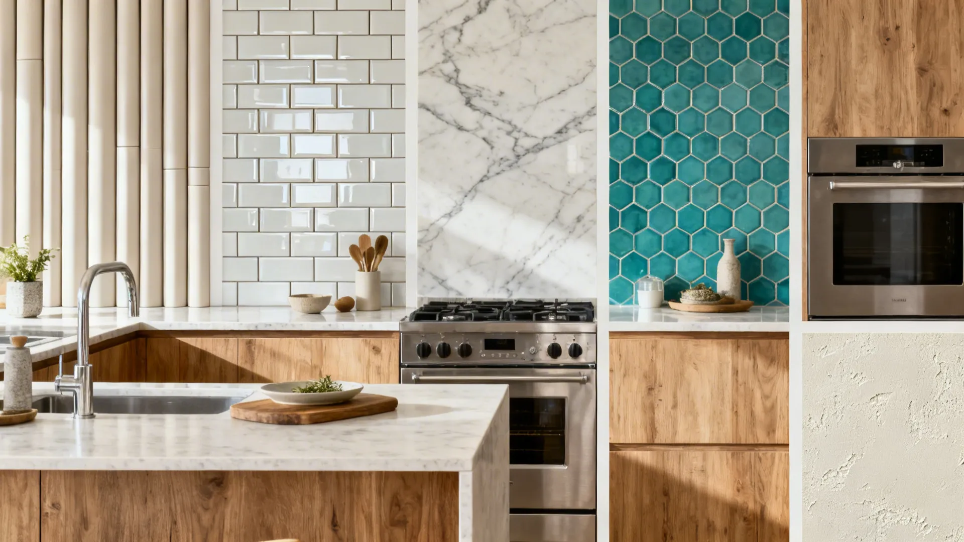 Neutral small kitchen showcasing five backsplash styles from subway to slab and textured porcelain.