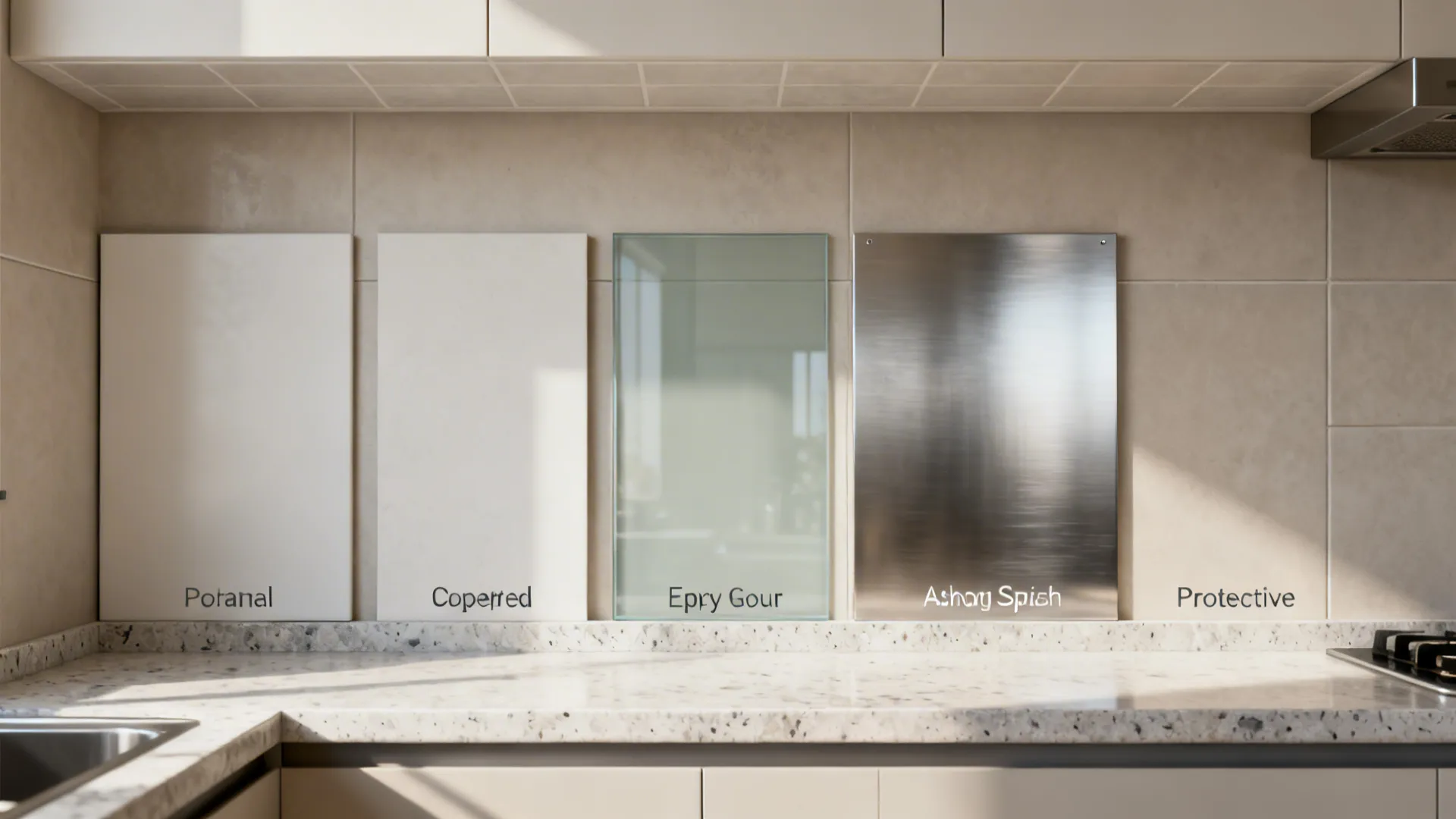 Five backsplash types shown on one compact stove wall: slab, glass, stainless, tile, and short splash.