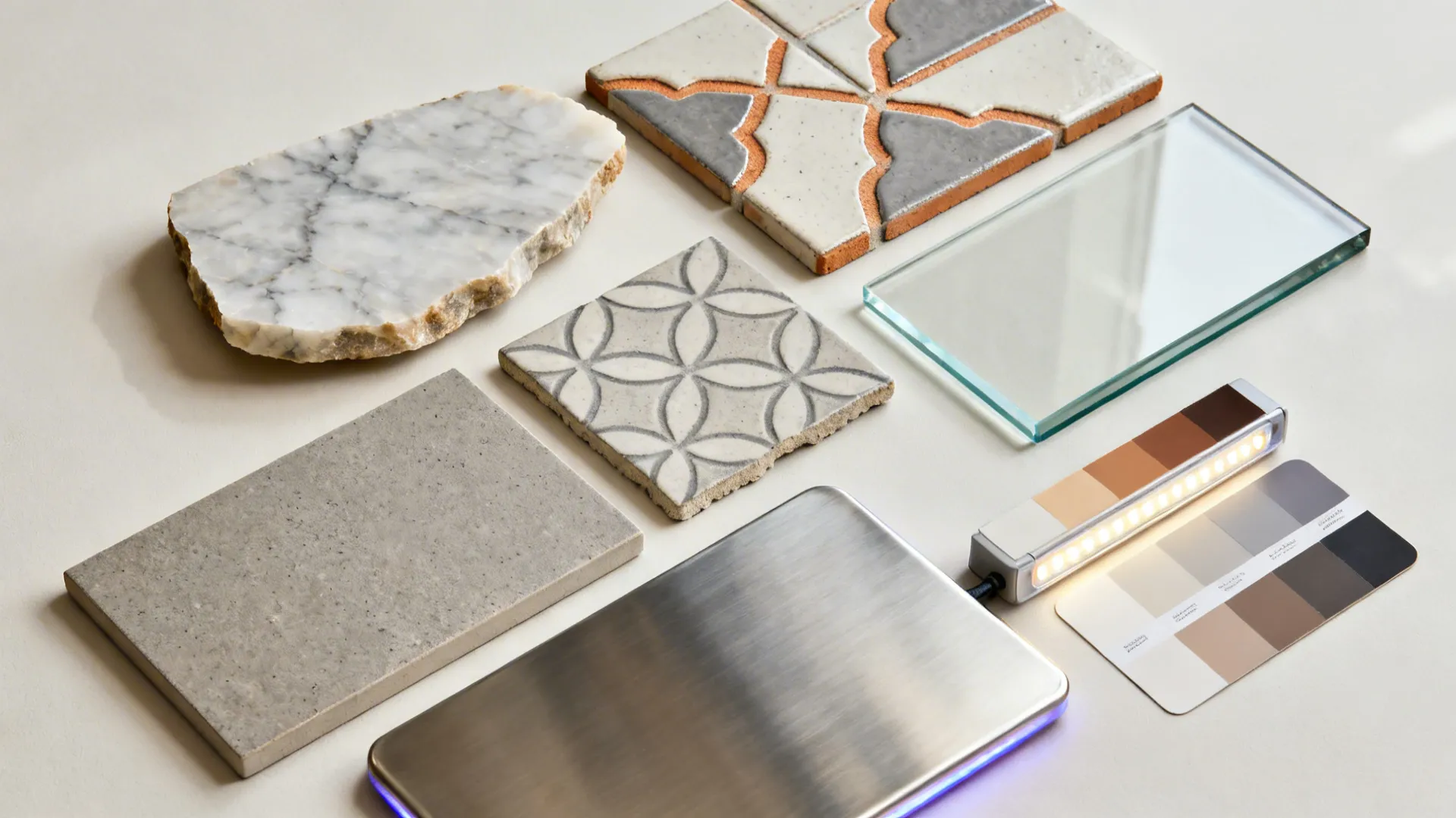 Flat lay of five backsplash materials with coordinated swatches and lighting.