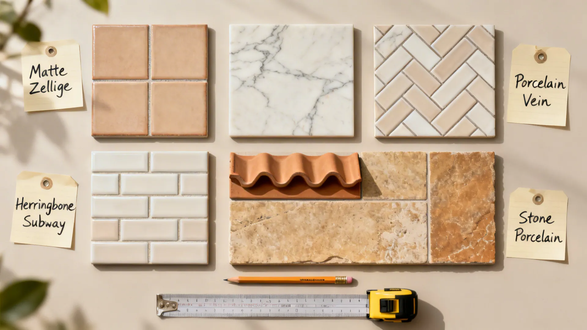 Flat lay of five backsplash tile types with planning tools on a neutral surface.