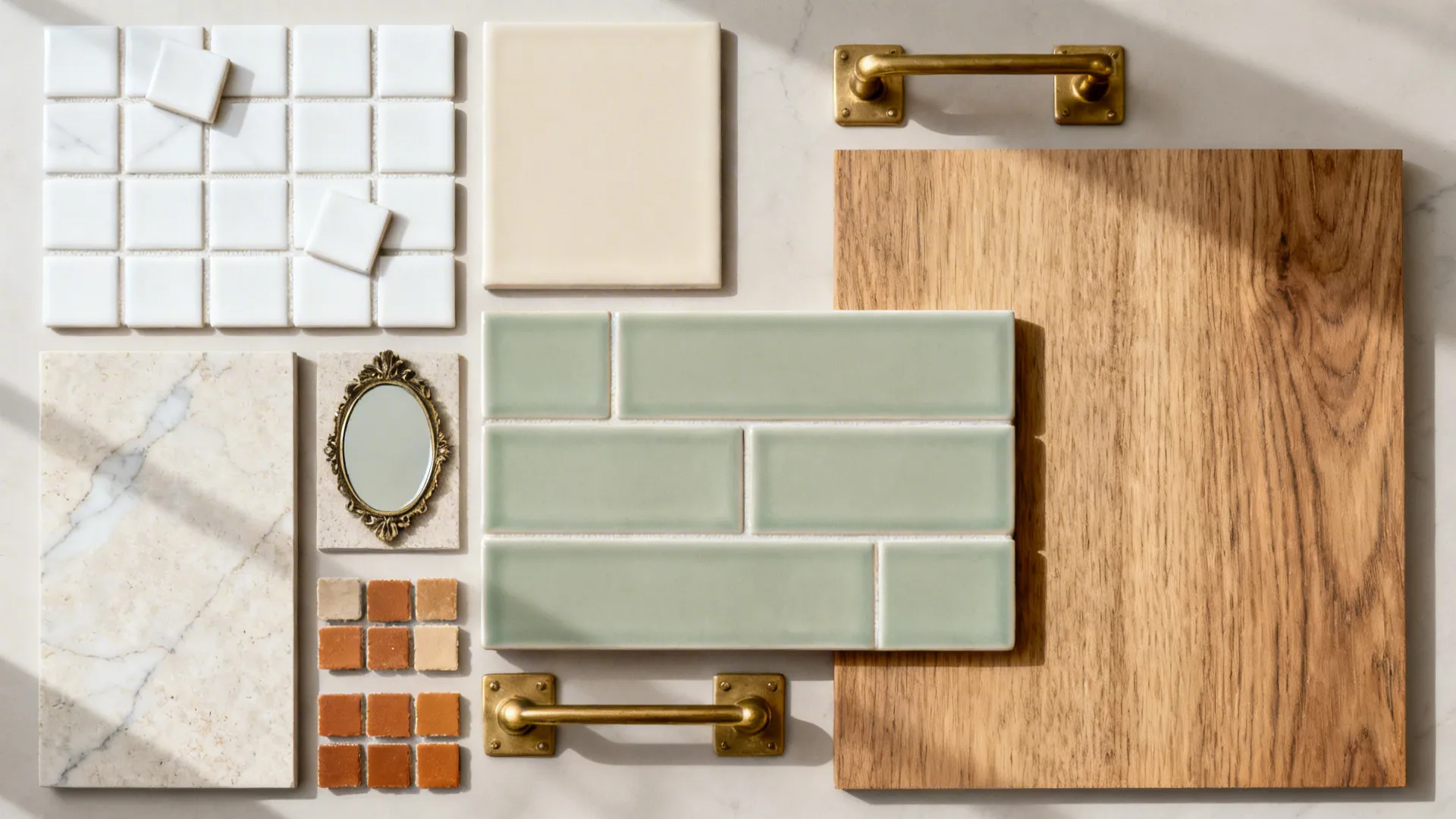 Flat lay of zellige, matte subway, sage ceramic, stone-look porcelain, antique mirror, and oak samples.