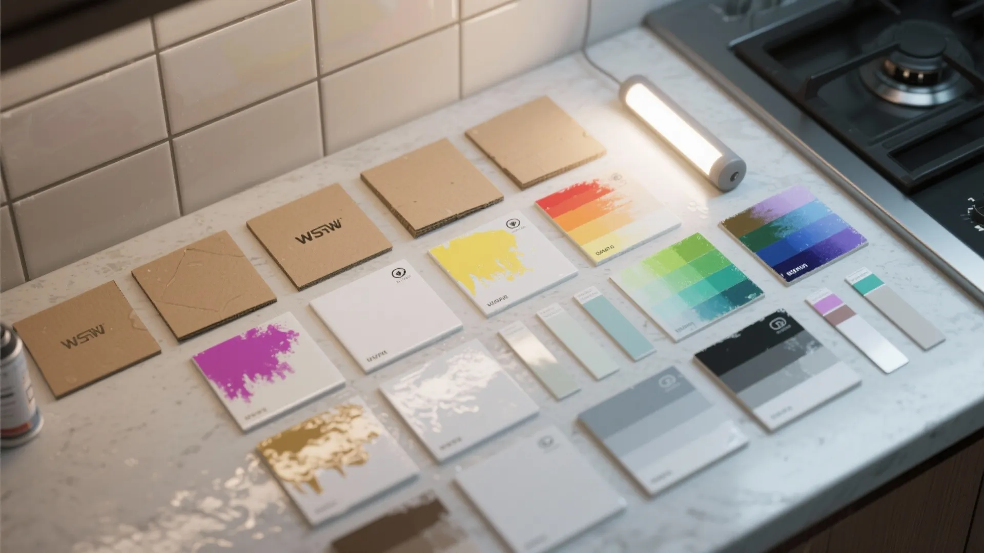 Top-down view of spare tiles and cardboard with spray-painted backsplash test swatches under artificial light.