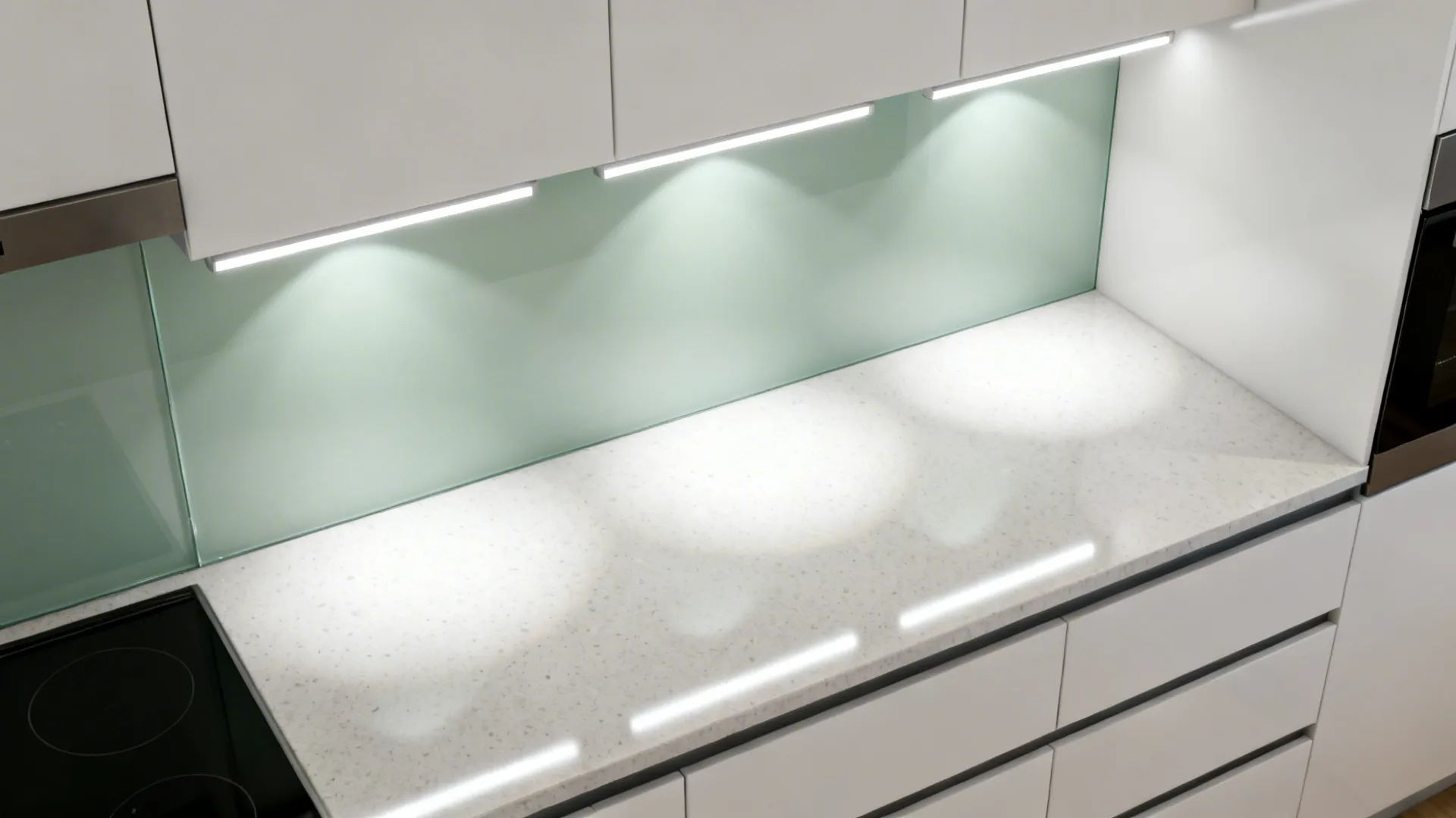 Top-down view showing LED task light reflecting evenly on a glass backsplash.