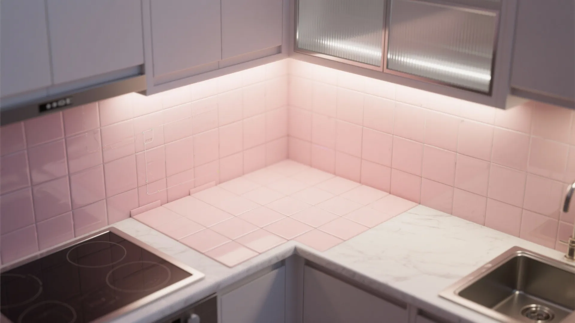 Light pink kitchen backsplash with glass or glaze