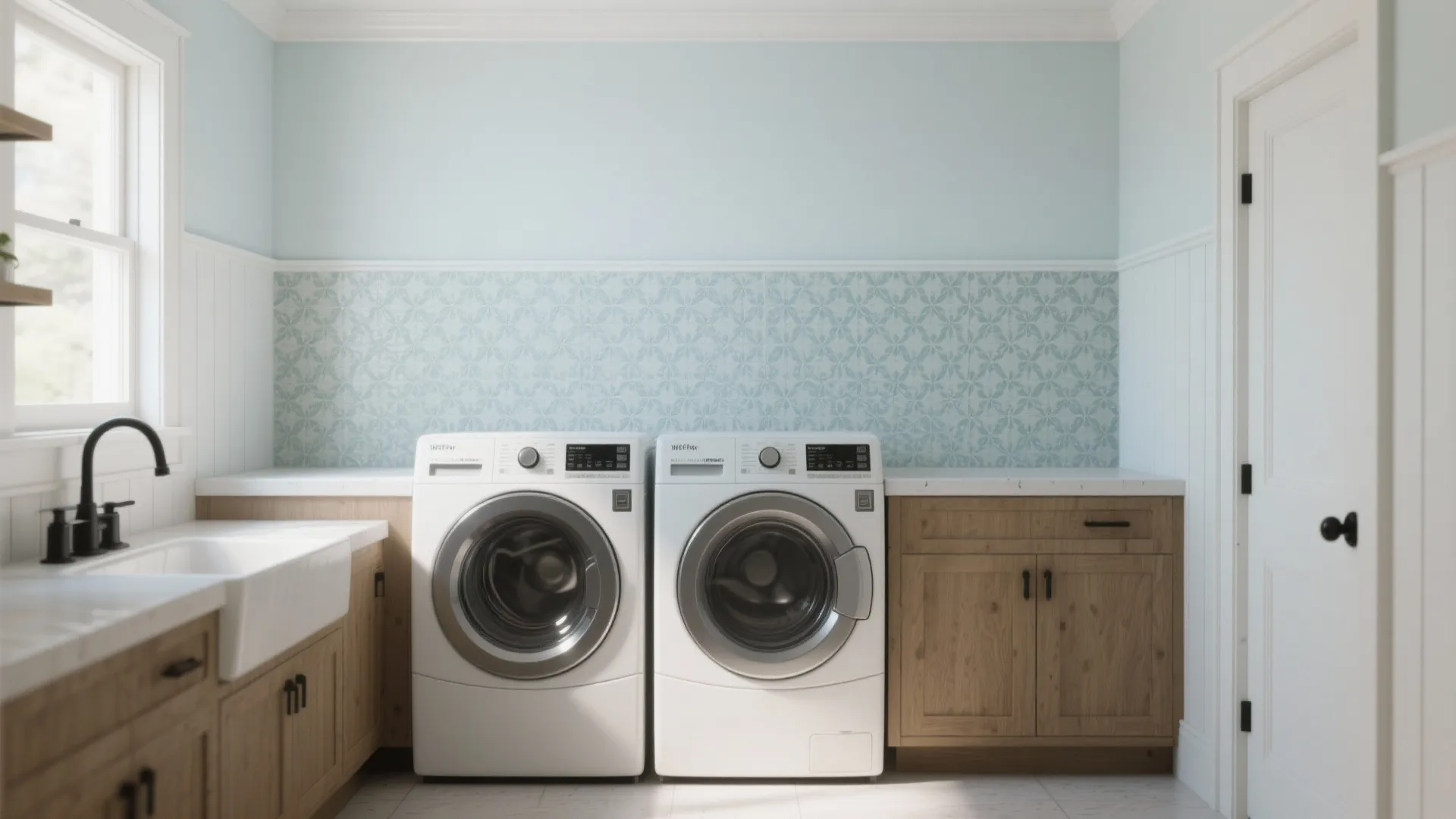 Modern laundry room featuring white washing machines wooden cabinets blue patterned wall tiles and white sink