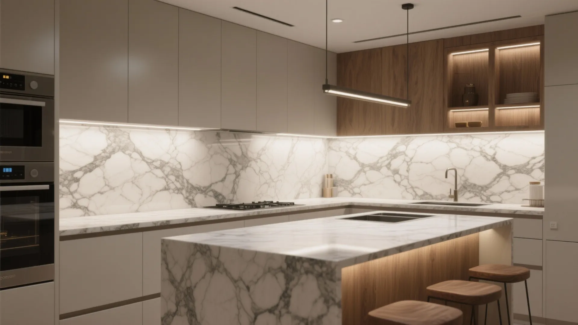 2. Full-Height Backsplash That Wraps the Island