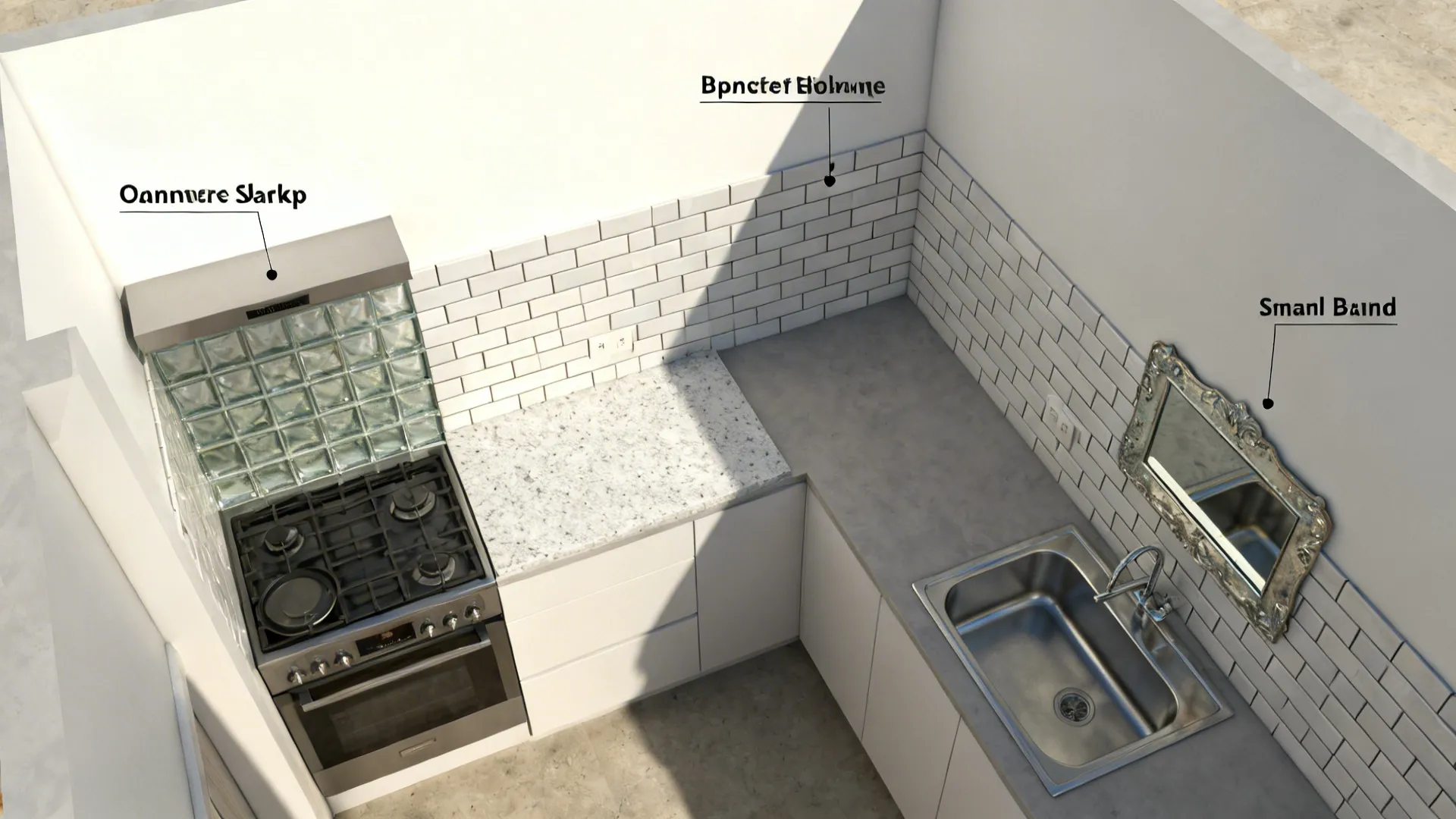 Top-down kitchen plan showing different backsplash zones for small-space strategy.