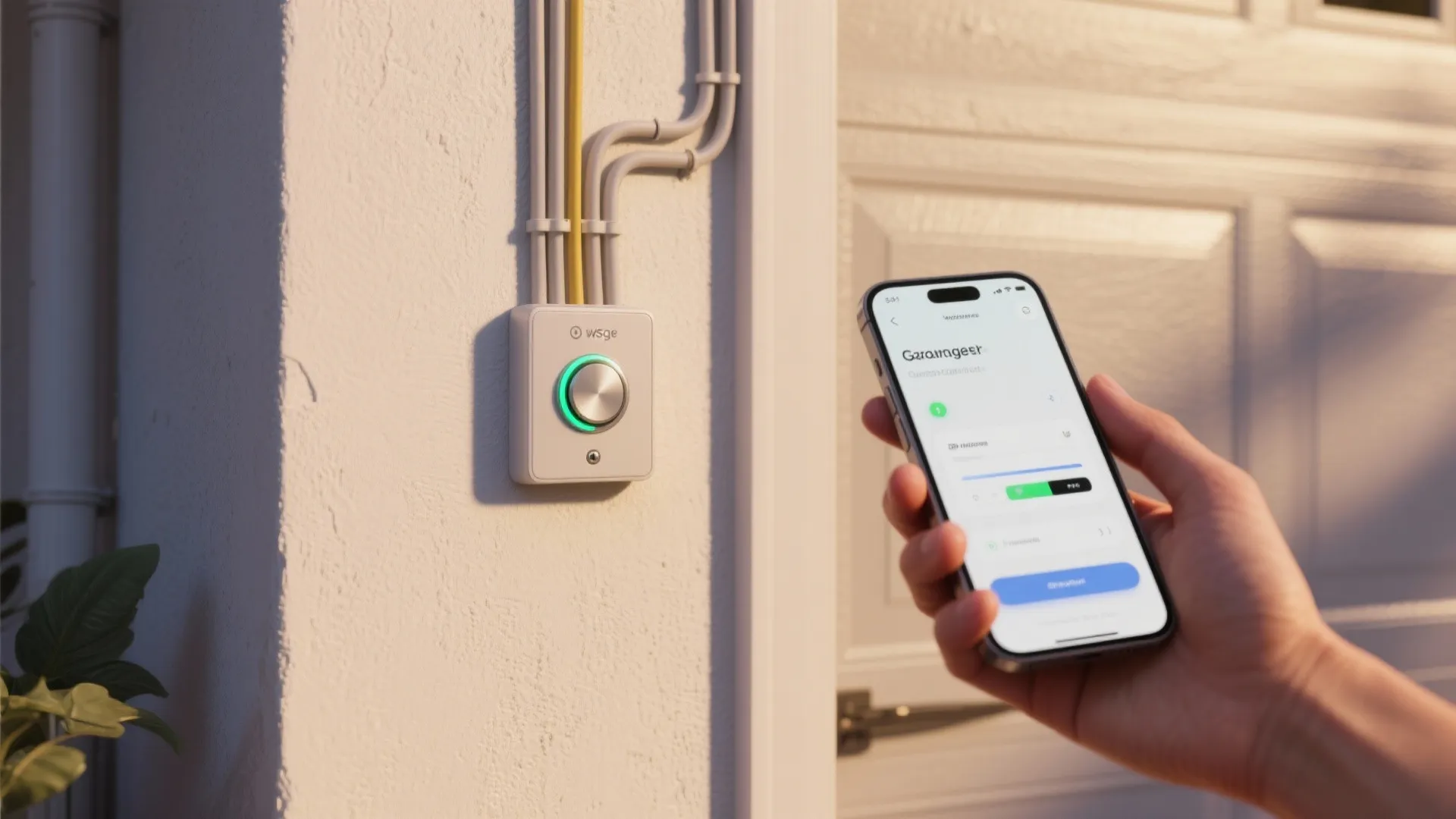 Smartphone held near a white wall button with a glowing green light beside the garage