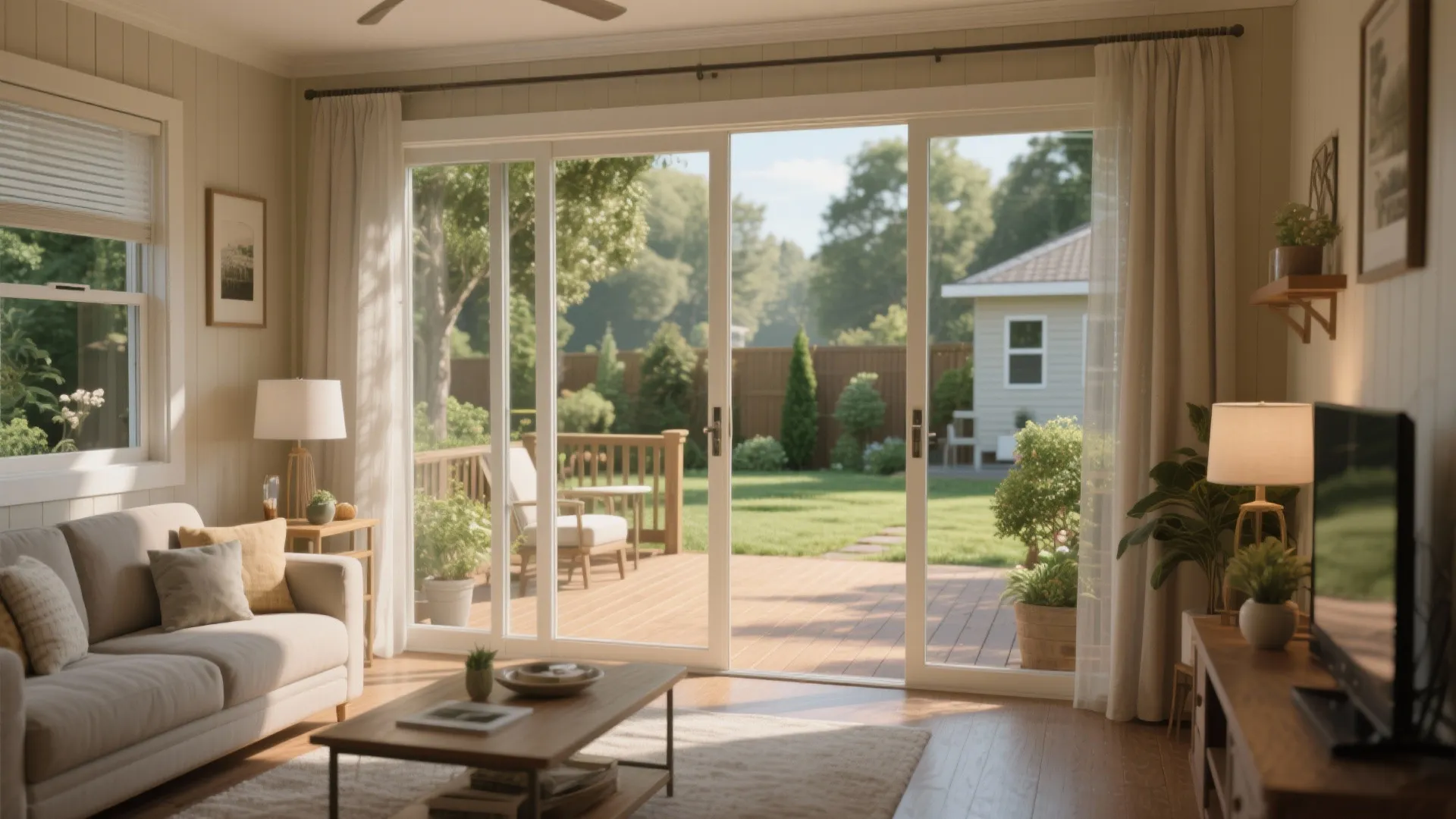 Living room with sliding glass doors opening to a wooden deck backyard garden and green grass